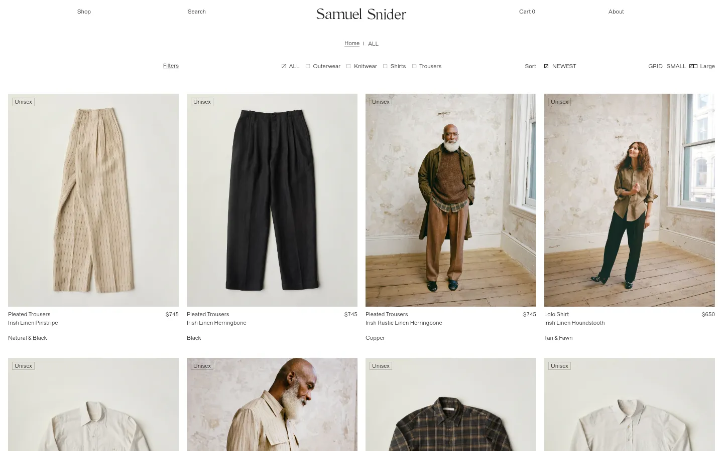 The desktop shop page features a minimalist design with a white background and black text. A navigation menu at the top includes links for Shop, Search, Cart, and About, followed by a breadcrumb and category filters like Outerwear and Knitwear. A grid of product images displays various trousers and shirts, each labeled with 'Unisex' tags, product names, fabric details, and prices.