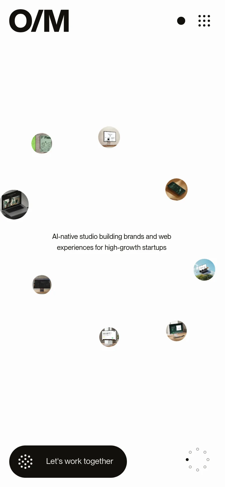 The mobile version maintains the minimalist white aesthetic and central headline but rearranges the circular project thumbnails into a more vertical, single-column flow. The 'Let's work together' call-to-action button remains prominent at the bottom left, and the 'O/M' logo and navigation icons are scaled for a smaller screen.