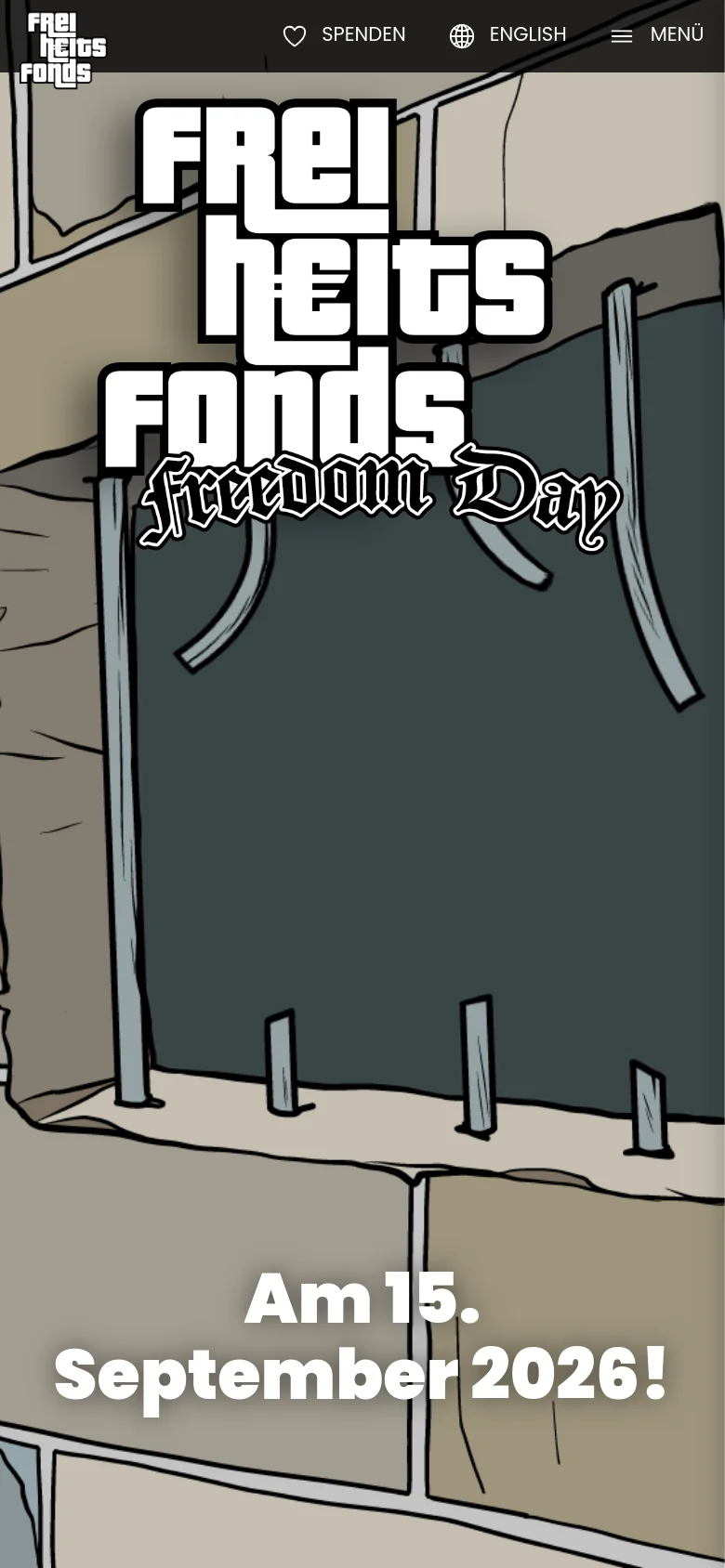 The mobile version shows a vertically cropped version of the prison window illustration, focusing on the stylized 'Freiheitsfonds Freedom Day' logo. The date 'Am 15. September 2026!' is positioned at the bottom in large white text. The navigation is simplified into a bottom bar with donation, language, and menu options.