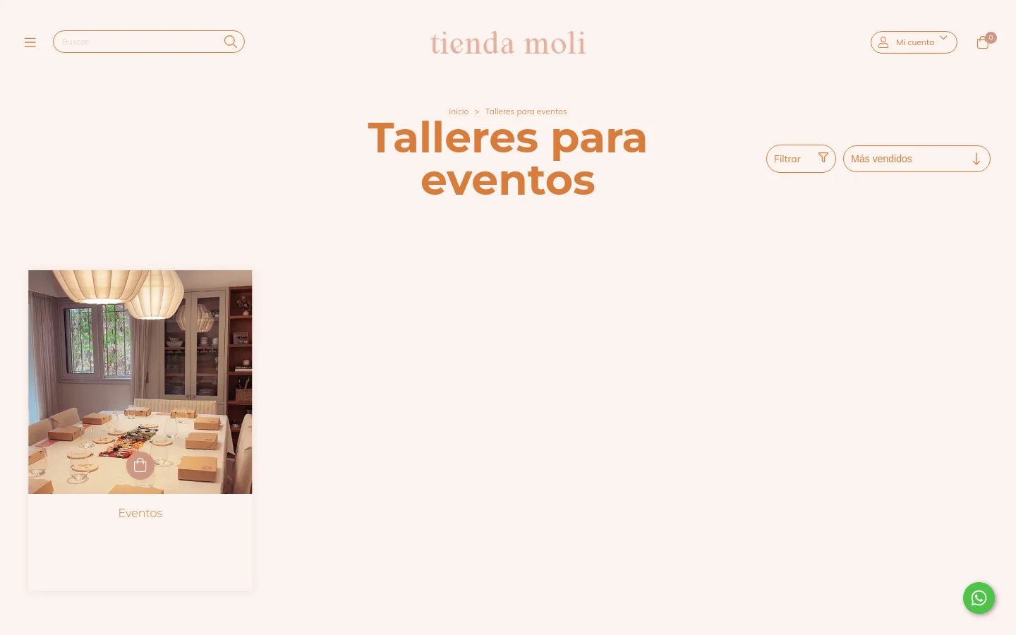 The desktop website for Tienda Moli features a minimalist design with a soft beige background and terracotta-colored text. The page displays the headline 'Talleres para eventos' with breadcrumb navigation above it, followed by filter and sorting dropdown menus. Below, a single product card titled 'Eventos' shows a photograph of a set dining table with small boxes, accompanied by a shopping bag icon.