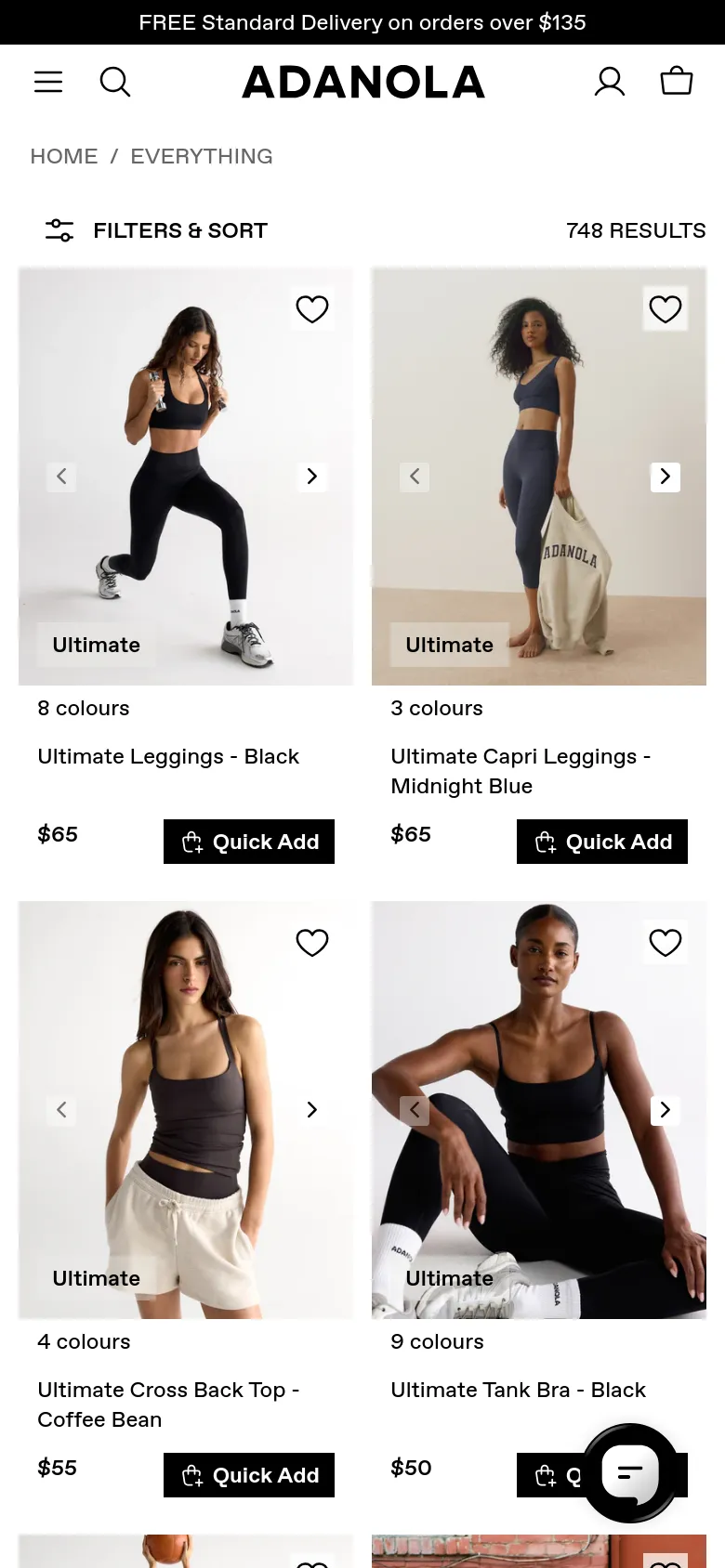The mobile version features a simplified layout with a top navigation bar containing the brand logo, search, user profile, and shopping bag icons. The sidebar filters are condensed into a single 'FILTERS & SORT' button above a product grid. The product images are larger and stacked in a two-column grid, maintaining the clean aesthetic and 'Quick Add' functionality seen on desktop.