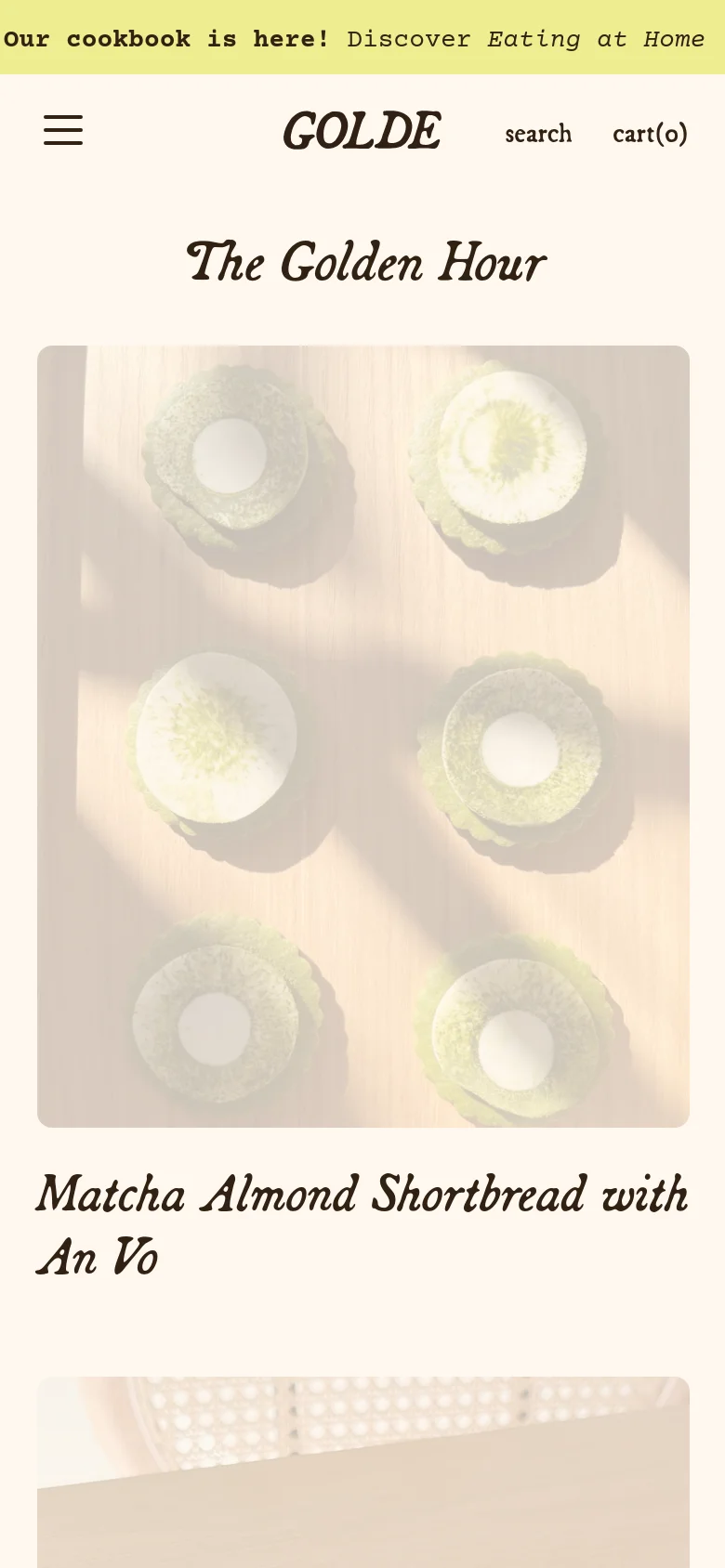 The mobile version presents a simplified layout with a hamburger menu, the Golde logo, and search/cart icons at the top. The 'The Golden Hour' title is centered above a single-column vertical scroll of large food images and blog post titles.
