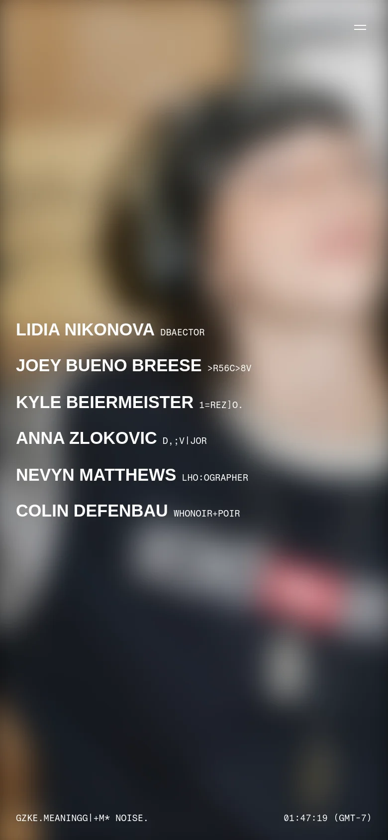 The mobile version presents a simplified, vertically stacked layout over a heavily blurred background image. The navigation menu is condensed into a hamburger icon in the top right, and the roster list of names and roles occupies the center of the screen in large, white sans-serif typography.