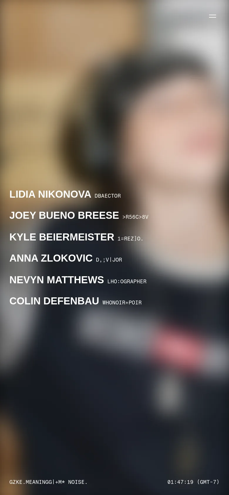 The mobile version presents a simplified, vertically stacked layout over a heavily blurred background image. The navigation menu is condensed into a hamburger icon in the top right, and the roster list of names and roles occupies the center of the screen in large, white sans-serif typography.