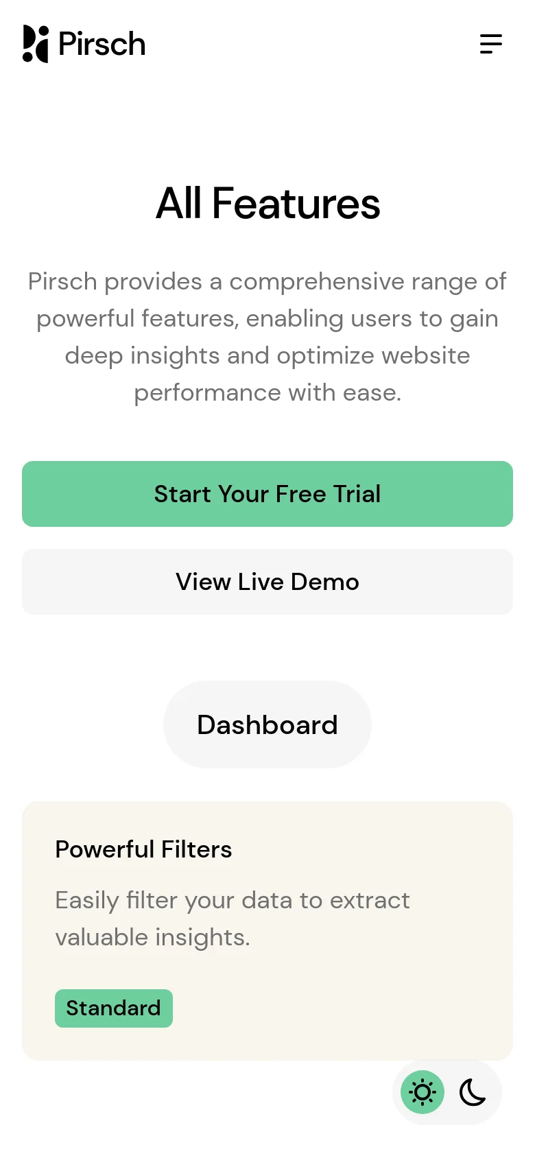 The mobile version maintains the minimalist white and dark theme but uses a single-column vertical layout. The 'All Features' headline and description are centered, followed by large, full-width stacked buttons for the primary calls to action. Feature cards like 'Powerful Filters' are stacked vertically instead of in a grid to fit the narrow screen.