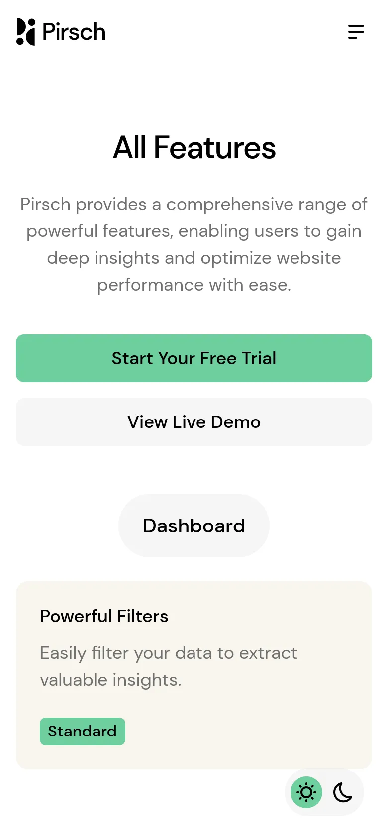 The mobile version maintains the minimalist white and dark theme but uses a single-column vertical layout. The 'All Features' headline and description are centered, followed by large, full-width stacked buttons for the primary calls to action. Feature cards like 'Powerful Filters' are stacked vertically instead of in a grid to fit the narrow screen.