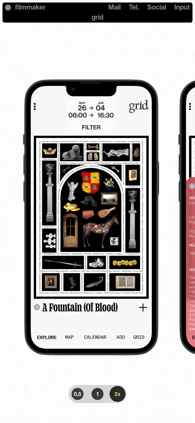 The mobile version presents a vertically stacked, single-column layout optimized for touch. Project sections like 'A Fountain (Of Blood)' feature large imagery with prominent text overlays and a '+' icon, while navigation links and zoom controls (0,5, 1, 2x) are positioned at the bottom of the screen for easy access.