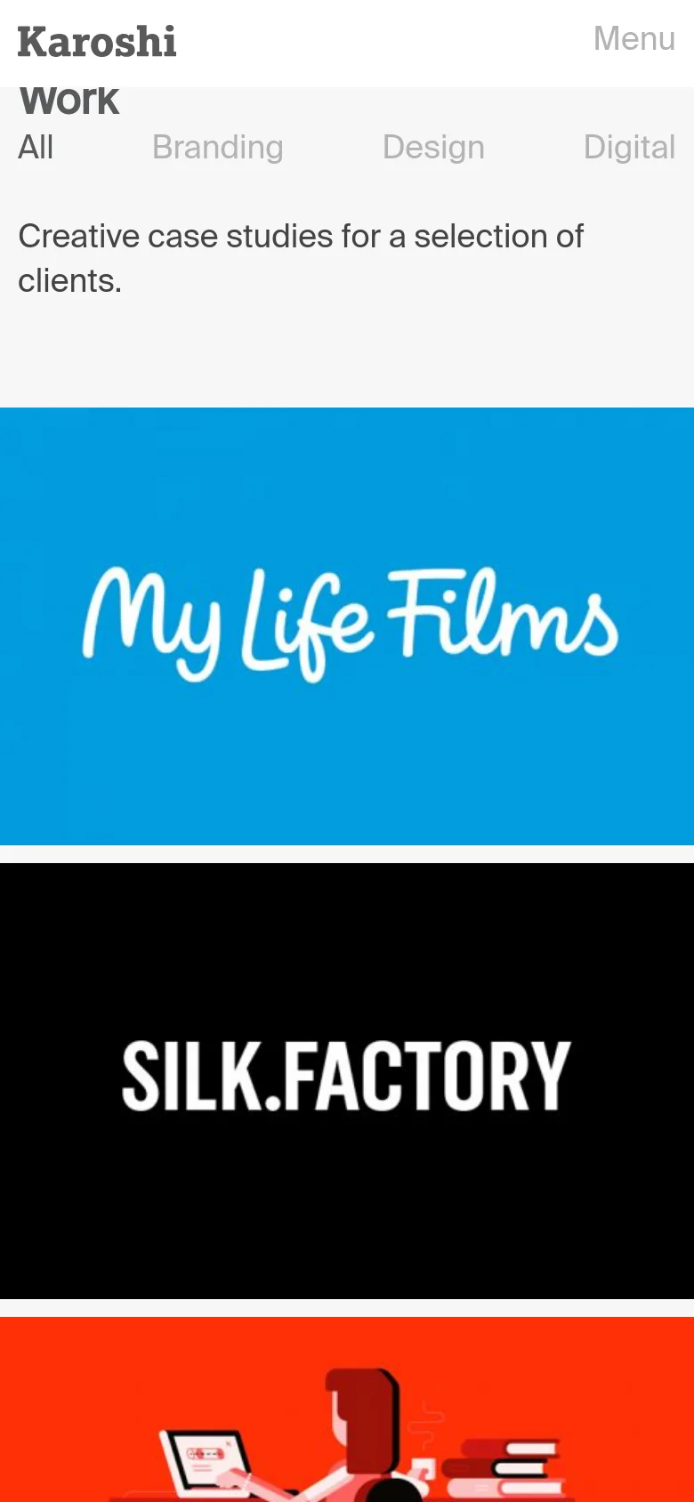 The mobile version presents a simplified vertical layout with the 'Work' title and category links at the top. The project tiles are stacked in a single column, making each large, colorful thumbnail and its corresponding title easy to scroll through on a smaller screen.