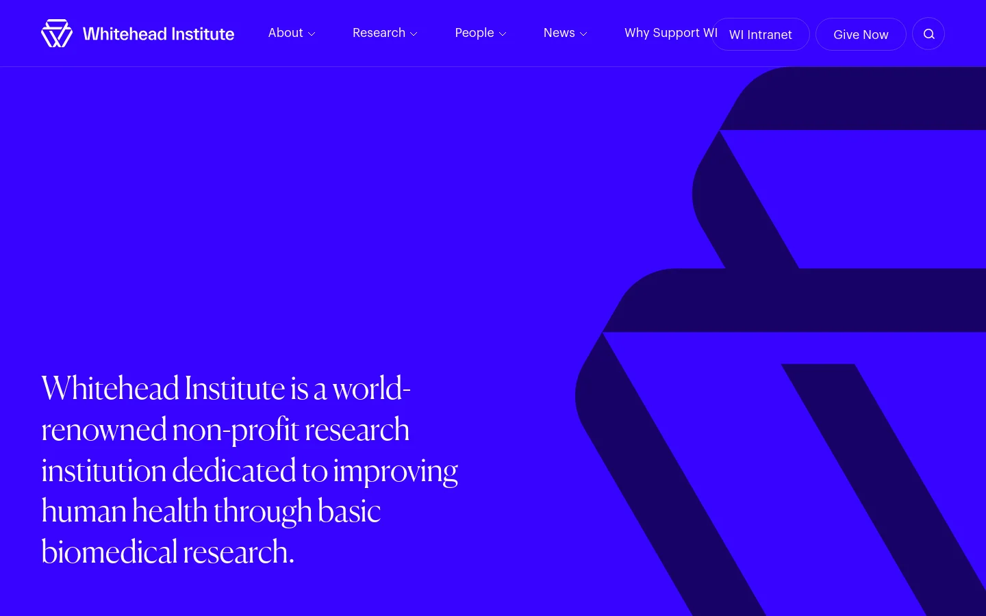 The desktop homepage features a large, vibrant blue hero section with a dark navy geometric pattern and white serif text stating the Whitehead Institute's mission. A top navigation bar includes the institute logo, dropdown menus for About, Research, People, and News, and buttons for 'Why Support WI', 'WI Intranet', 'Give Now', and a search icon.