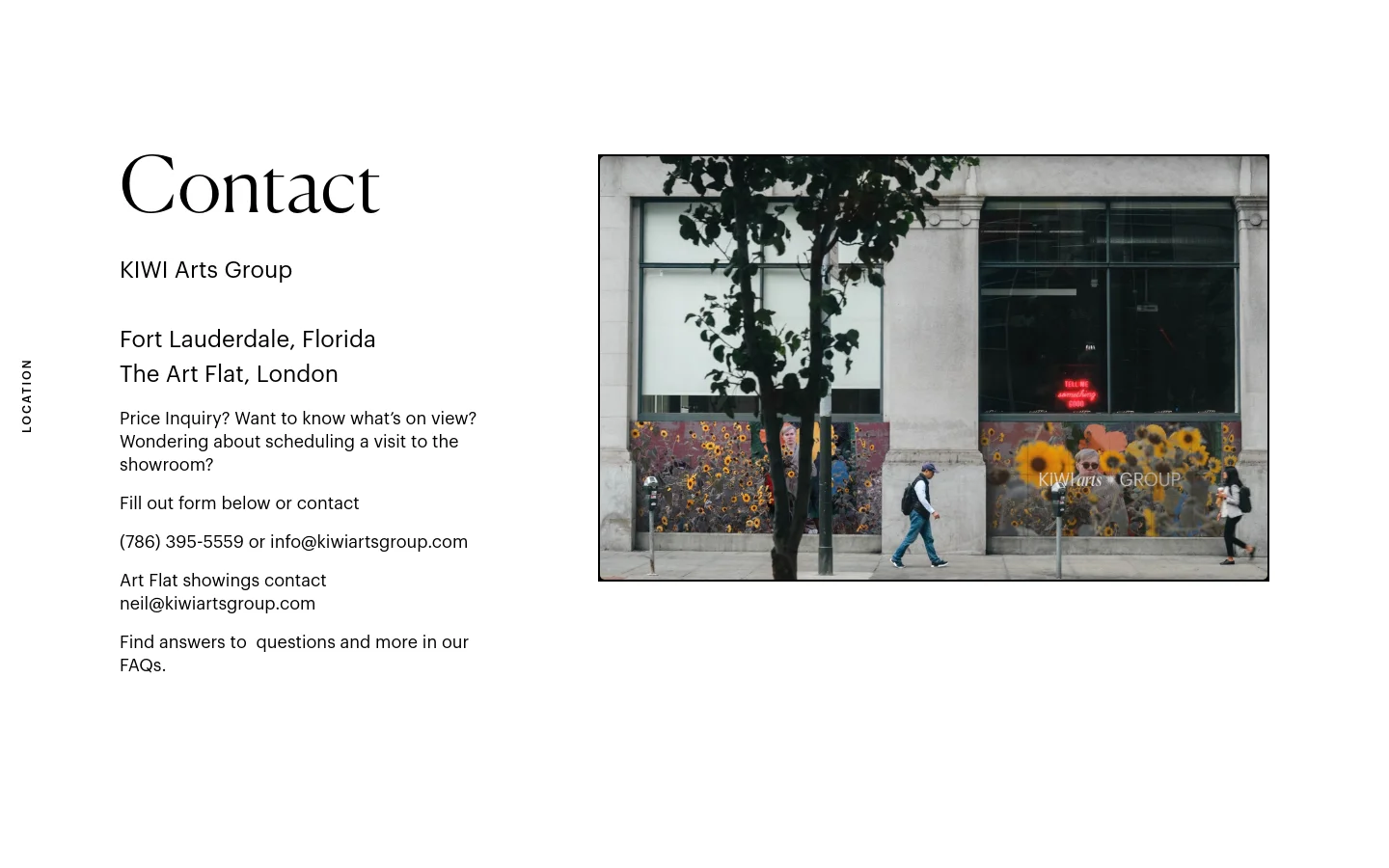 KIWI Arts Group Contact desktop website screenshot