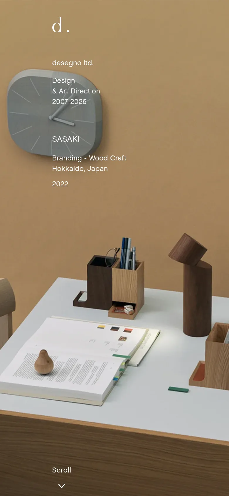 The mobile version presents a vertically stacked layout, starting with a full-width hero image of the green exhibition banner. The studio branding and exhibition details are centered over the image, followed by a single-column list of project entries that are easier to scroll through on a smaller screen.