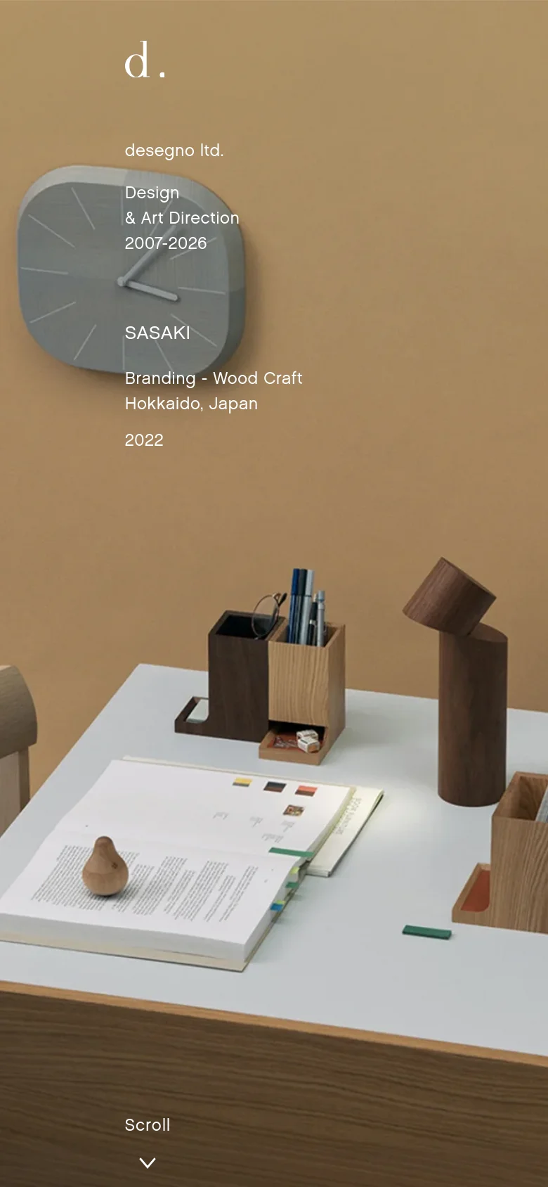 The mobile version presents a vertically stacked layout, starting with a full-width hero image of the green exhibition banner. The studio branding and exhibition details are centered over the image, followed by a single-column list of project entries that are easier to scroll through on a smaller screen.