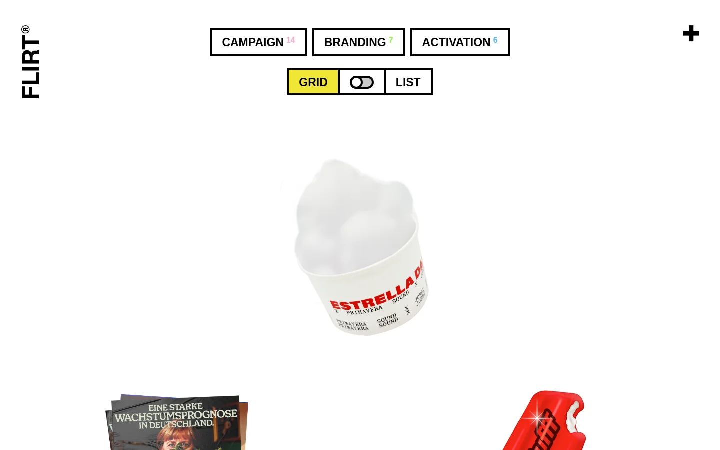 The desktop version of the Work page features a minimalist white background with a black 'FLIRT' logo on the left. A navigation header includes buttons for 'CAMPAIGN', 'BRANDING', and 'ACTIVATION', along with a toggle switch to view the portfolio in 'GRID' or 'LIST' format. Below the header, large project imagery is displayed in a spacious layout.