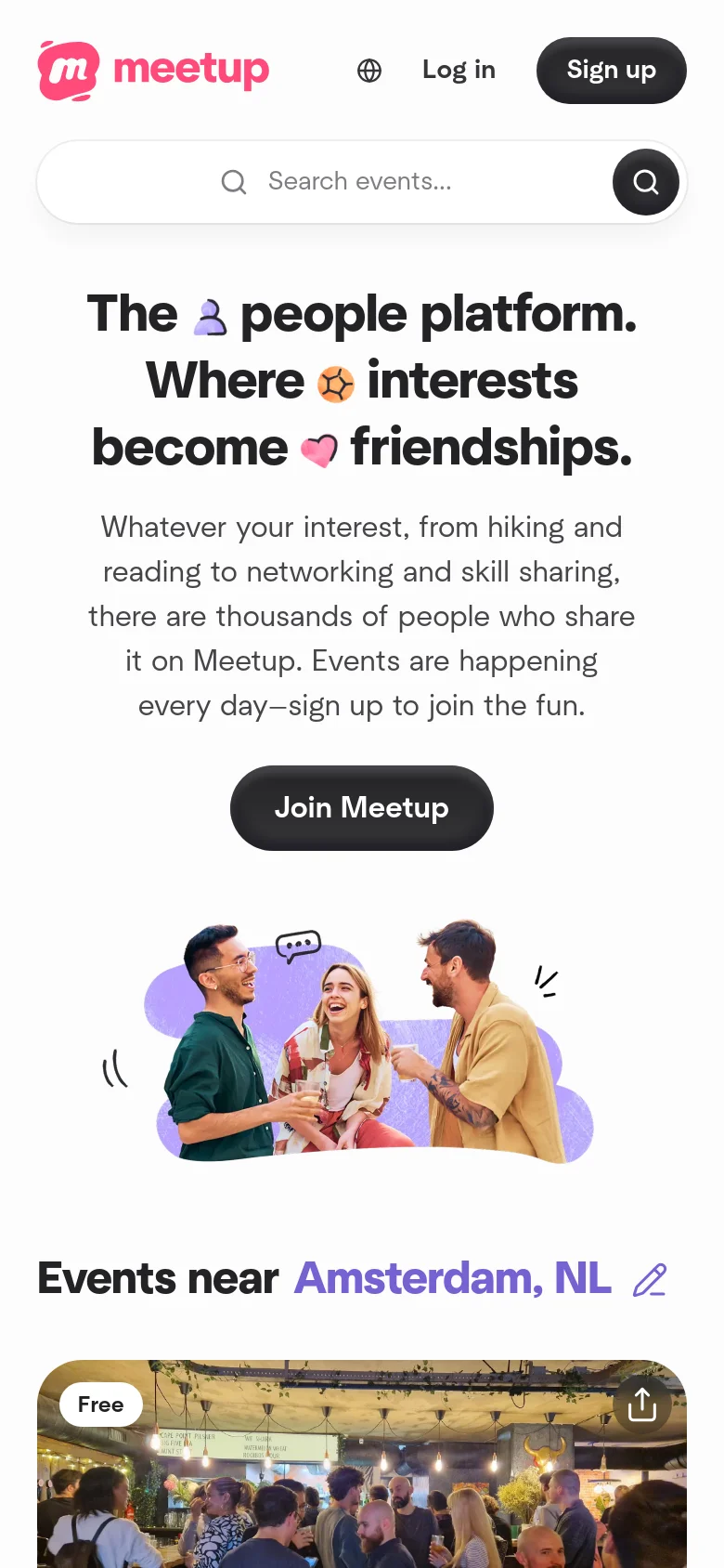 The mobile version presents a vertically stacked layout, starting with the Meetup logo, a search bar, and a 'Sign up' button at the top. The hero section features the main headline and 'Join Meetup' button centered above a single large illustration of people socializing. The 'Events near Amsterdam, NL' section follows, with event cards scaled to fit the narrow screen width.