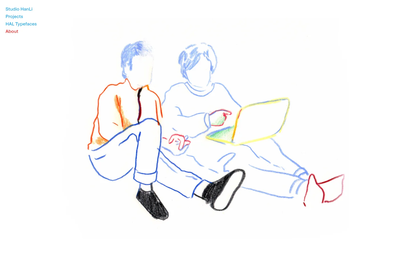The desktop About page features a minimalist white background with a large, colorful line drawing of two people sitting and using a laptop. Navigation links for Studio HanLi, About, and HAL Typefaces are centered at the top, followed by a biographical text section and testimonial quotes in a clean sans-serif font.
