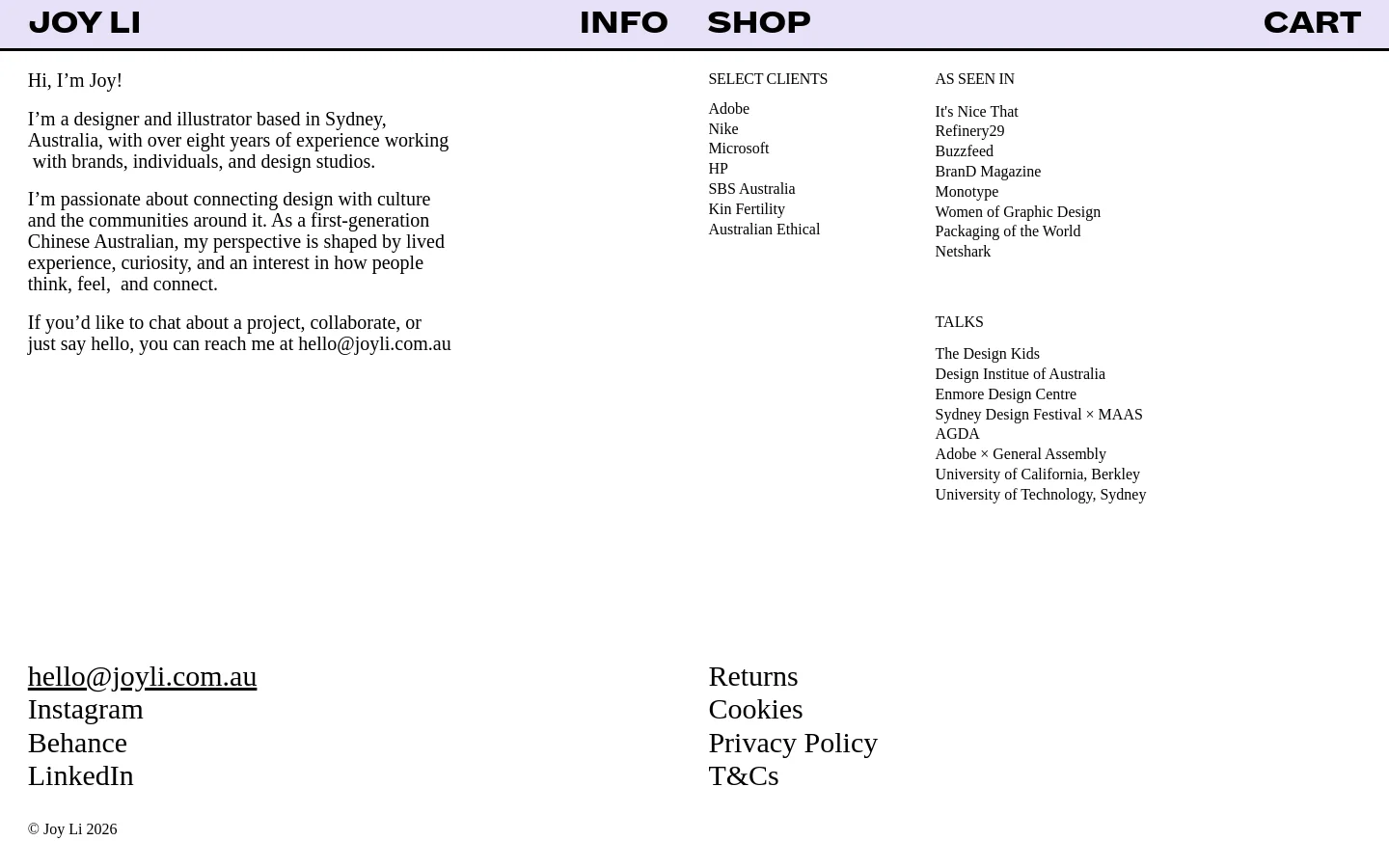 The desktop version features a minimalist white layout with a top navigation bar containing 'INFO', 'SHOP', and 'CART'. A large personal introduction is on the left, while the right side contains columns for 'SELECT CLIENTS', 'AS SEEN IN', and 'TALKS'. The bottom includes contact information and legal links in a multi-column footer.