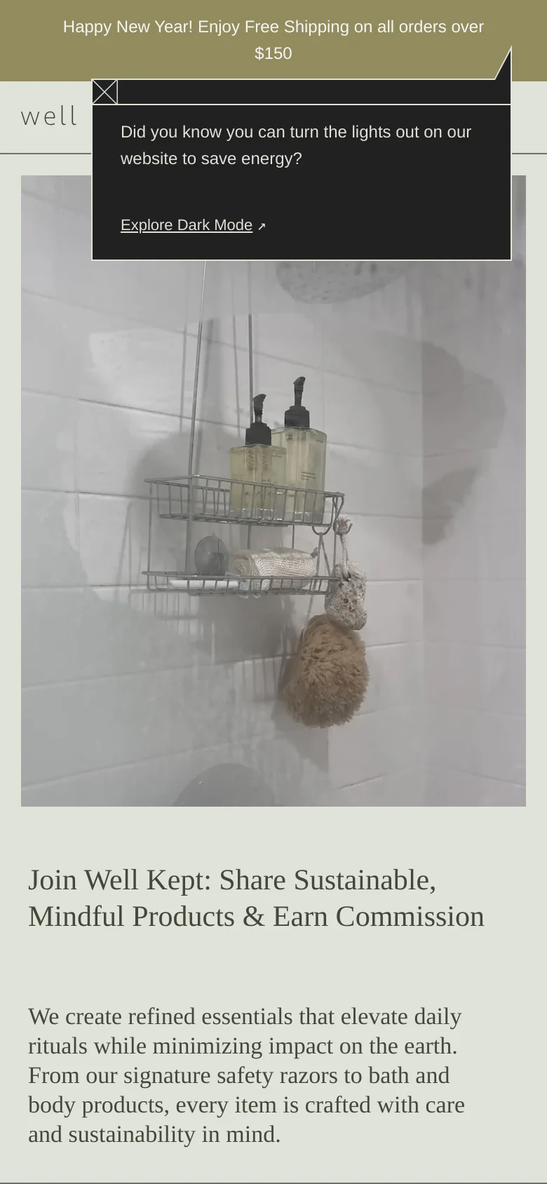 The mobile version presents a single-column vertical layout, placing the large lifestyle image of bathroom products above the main headline and text. The cream-colored background remains consistent, but the split-screen design is replaced by a stacked arrangement for easier scrolling. The dark mode energy-saving pop-up appears as an overlay at the top of the screen.