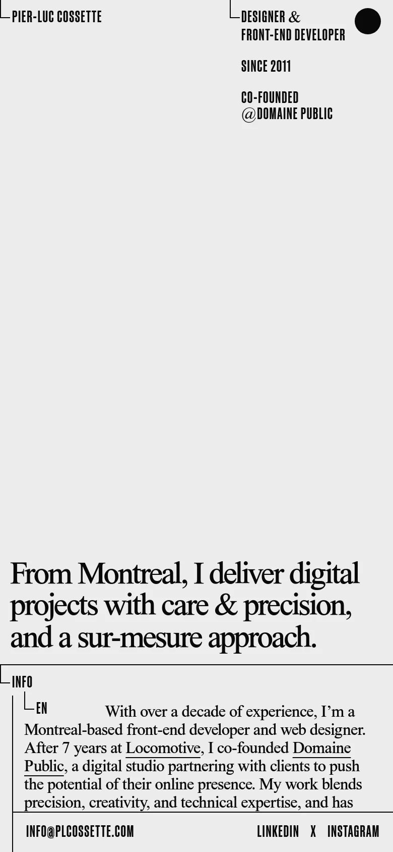 The mobile version maintains the minimalist aesthetic and light gray background but stacks the content vertically. The large headline remains prominent in the center, while the biographical information and contact details are condensed into a single-column layout for easier scrolling.