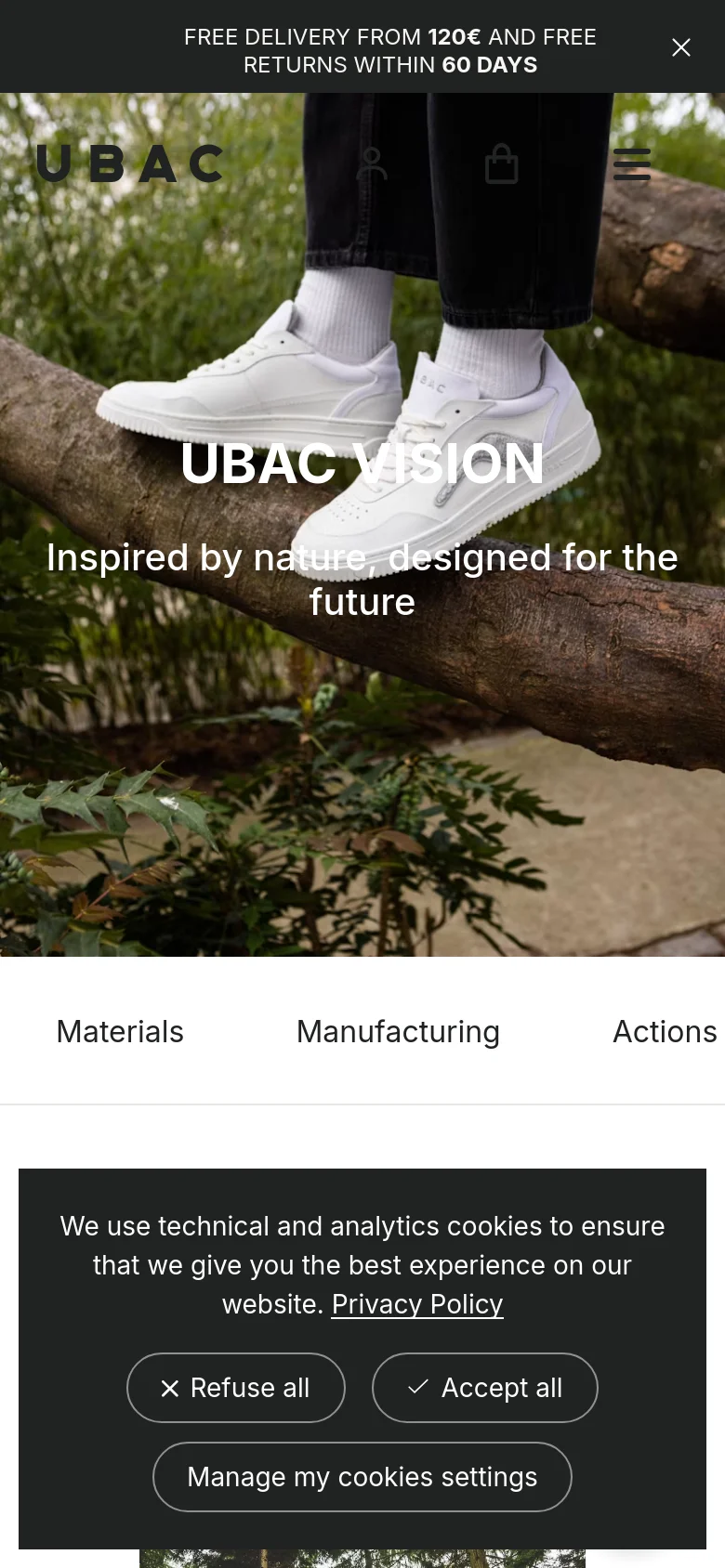 The mobile version displays a full-width hero image of a person wearing white sneakers sitting on a tree branch in a forest. The 'UBAC VISION' headline and subheadline are overlaid on the image in white text. A hamburger menu and shopping bag icon are visible at the top, and a cookie consent banner appears at the bottom of the screen.