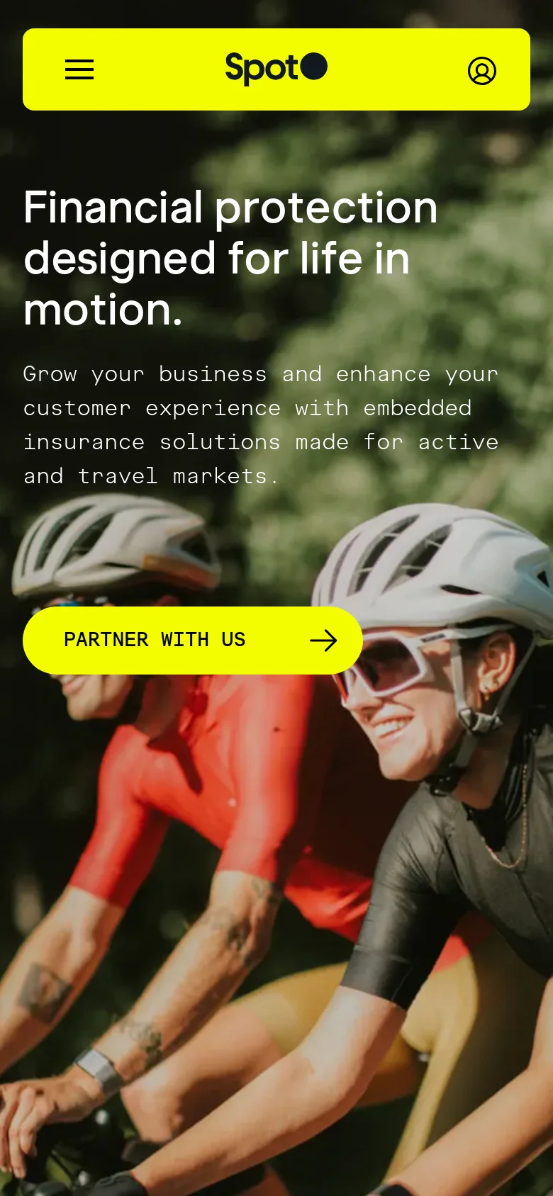 The mobile version simplifies the layout with a yellow header containing a hamburger menu, the Spot logo, and a profile icon. The hero section retains the large headline and 'Partner With Us' button over the background image of cyclists, but the navigation links are hidden within the menu.