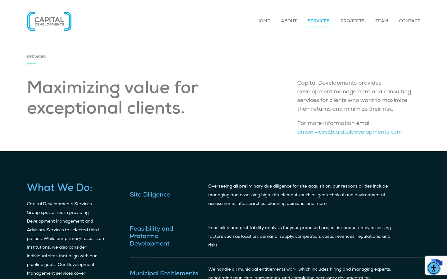 The desktop page features a clean, minimalist layout with a white background and dark blue accents. A large headline reads 'Maximizing value for exceptional clients' next to a brief description and contact email, while the bottom section uses a dark navy background to list detailed service categories like 'Site Diligence' and 'Feasibility and Proforma Development' in a two-column grid.