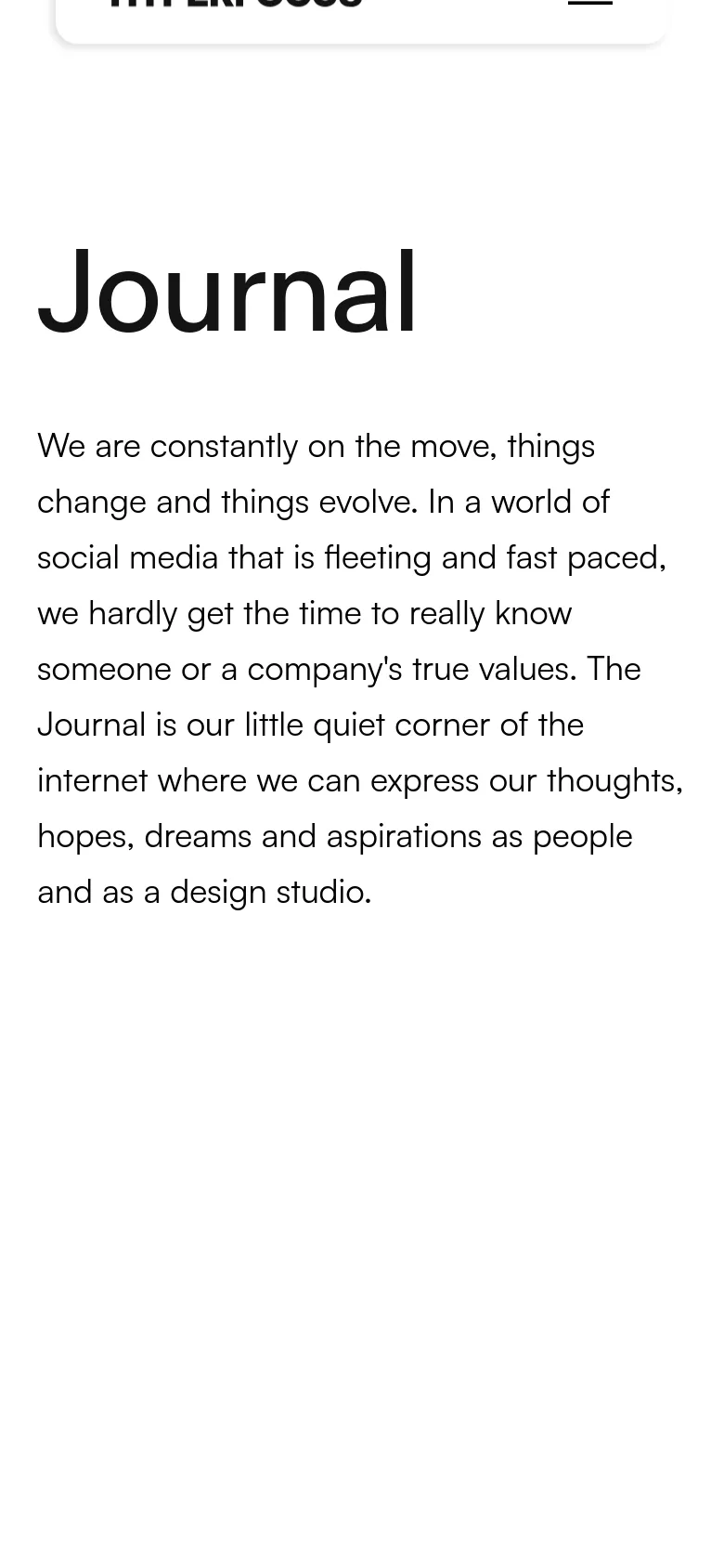 The mobile version maintains the minimalist white aesthetic but uses a single-column vertical layout. The large 'Journal' heading and introductory text are stacked at the top, followed by large, full-width imagery for each journal entry. The navigation is simplified, appearing as a condensed menu at the top.