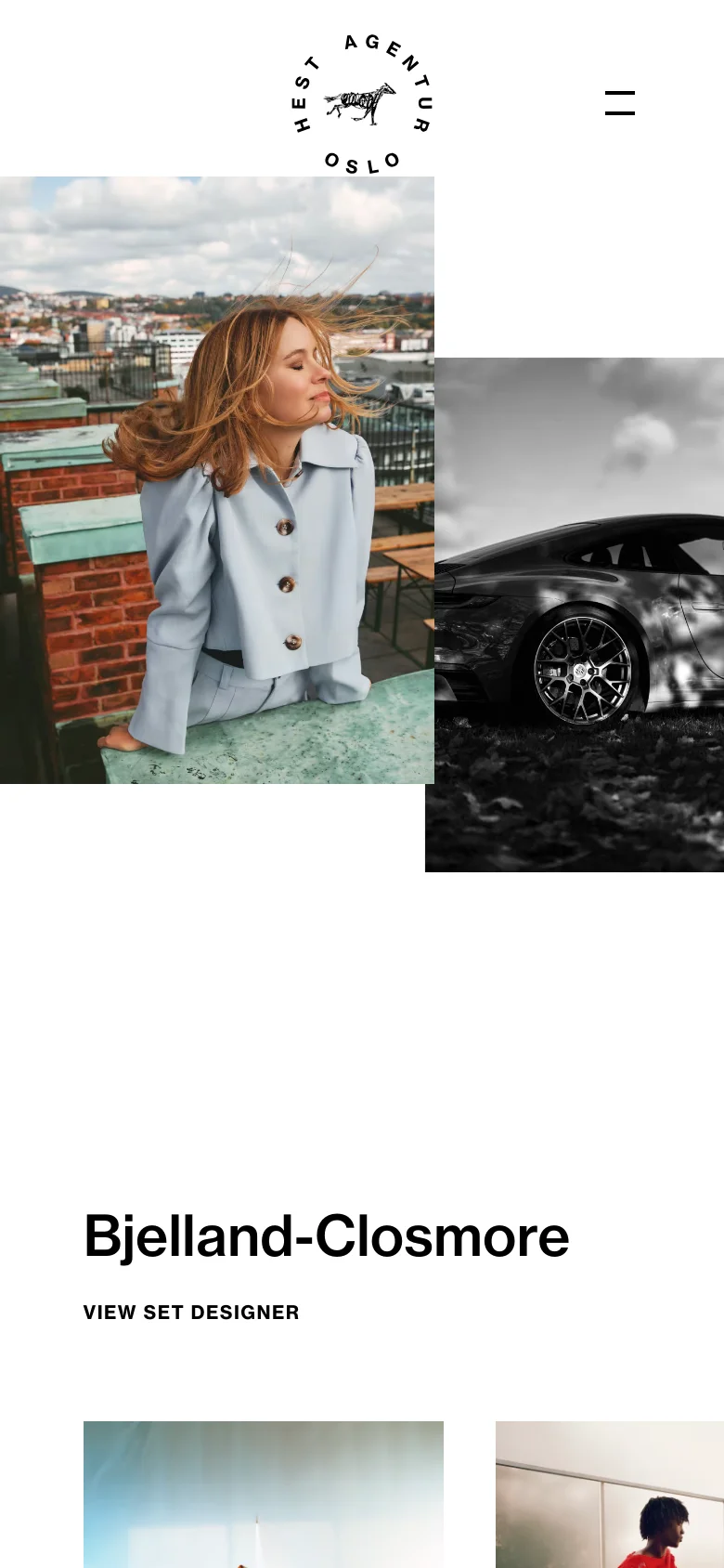 The mobile version simplifies the layout, centering the circular logo at the top and replacing the desktop navigation with a two-line hamburger menu icon. The photography grid transitions into a single-column vertical stack, with the headline 'Bjelland-Closmore' and a 'View Set Designer' call to action appearing prominently below the initial images.