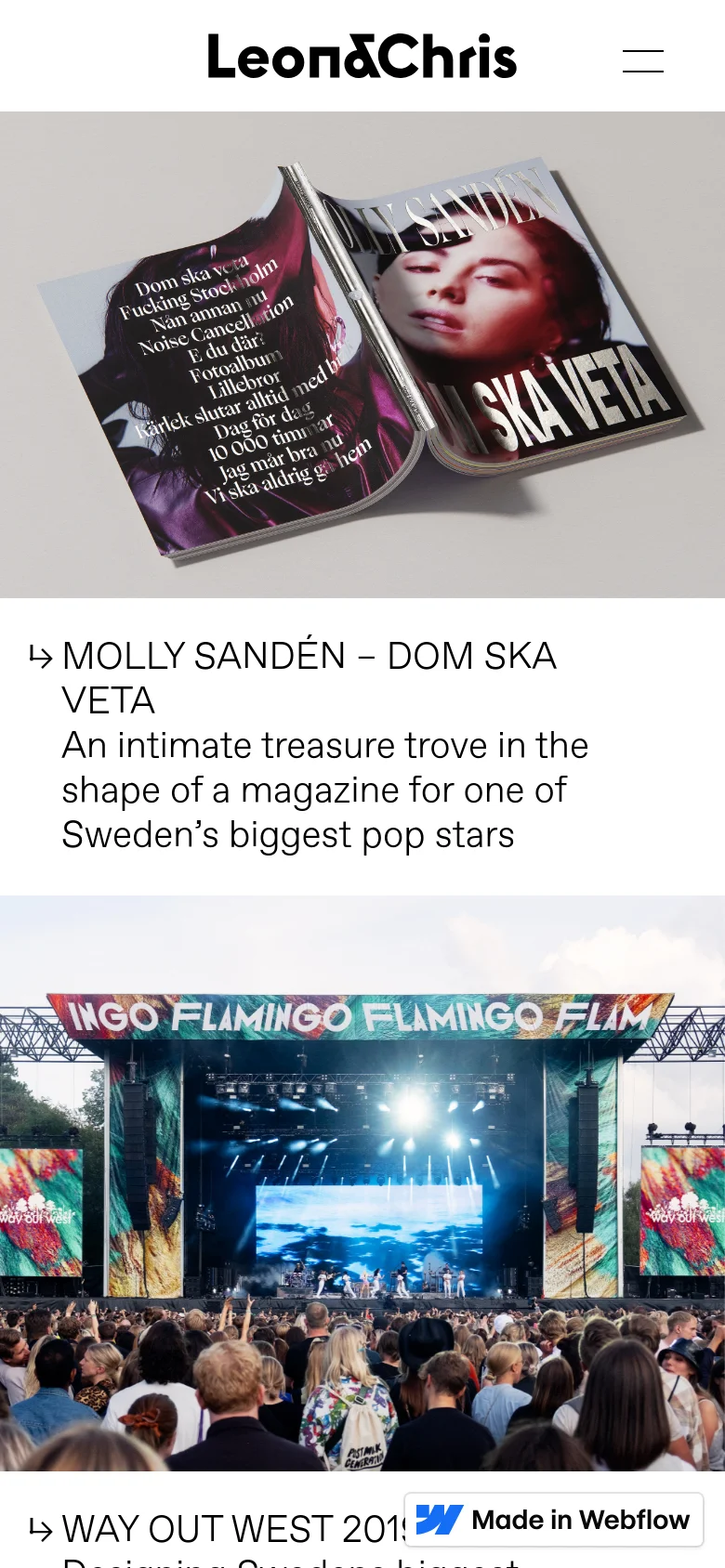 The mobile version maintains the minimalist black-and-white aesthetic but uses a single-column vertical layout for easier scrolling. The navigation is condensed into a hamburger menu icon, and project images and text are scaled to fit the narrower screen width.