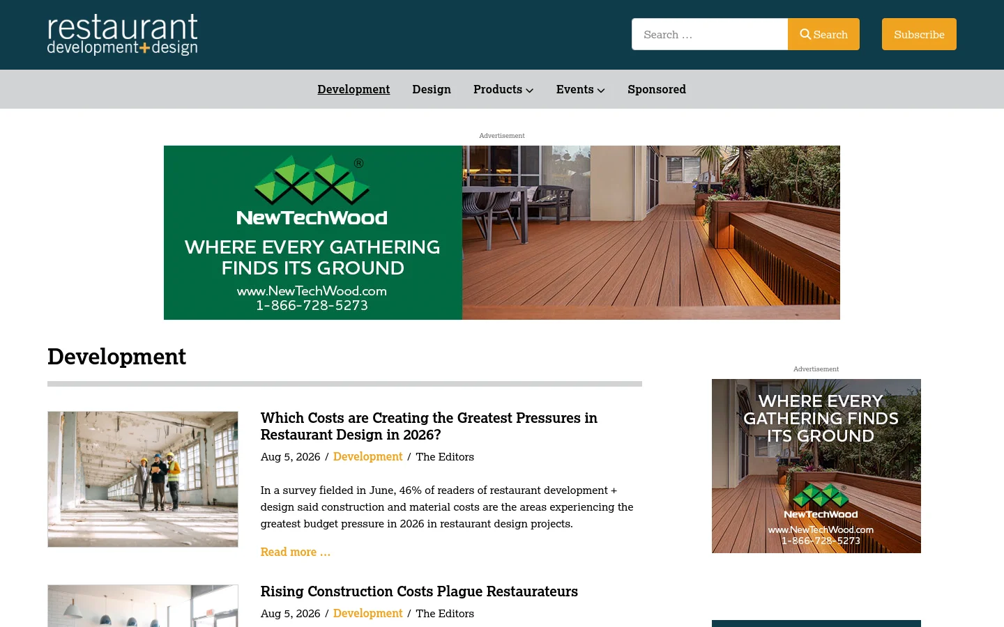 The Development page features a white background with a dark teal header containing the site logo, a search bar, and a subscribe button. A large horizontal advertisement for NewTechWood sits above a main content area where articles are listed with large thumbnail images, headlines, and brief excerpts. A secondary sidebar advertisement for NewTechWood is positioned to the right of the article feed.