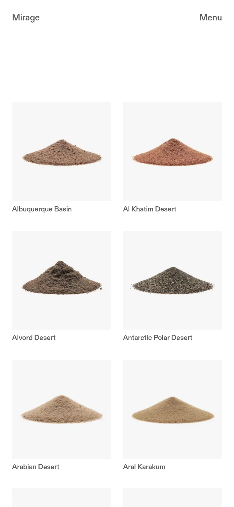 The mobile version maintains the minimalist white aesthetic but uses a simplified navigation with Mirage and a Menu button. The sand pile images and their corresponding desert names are arranged in a two-column vertical grid for easier scrolling on smaller screens.
