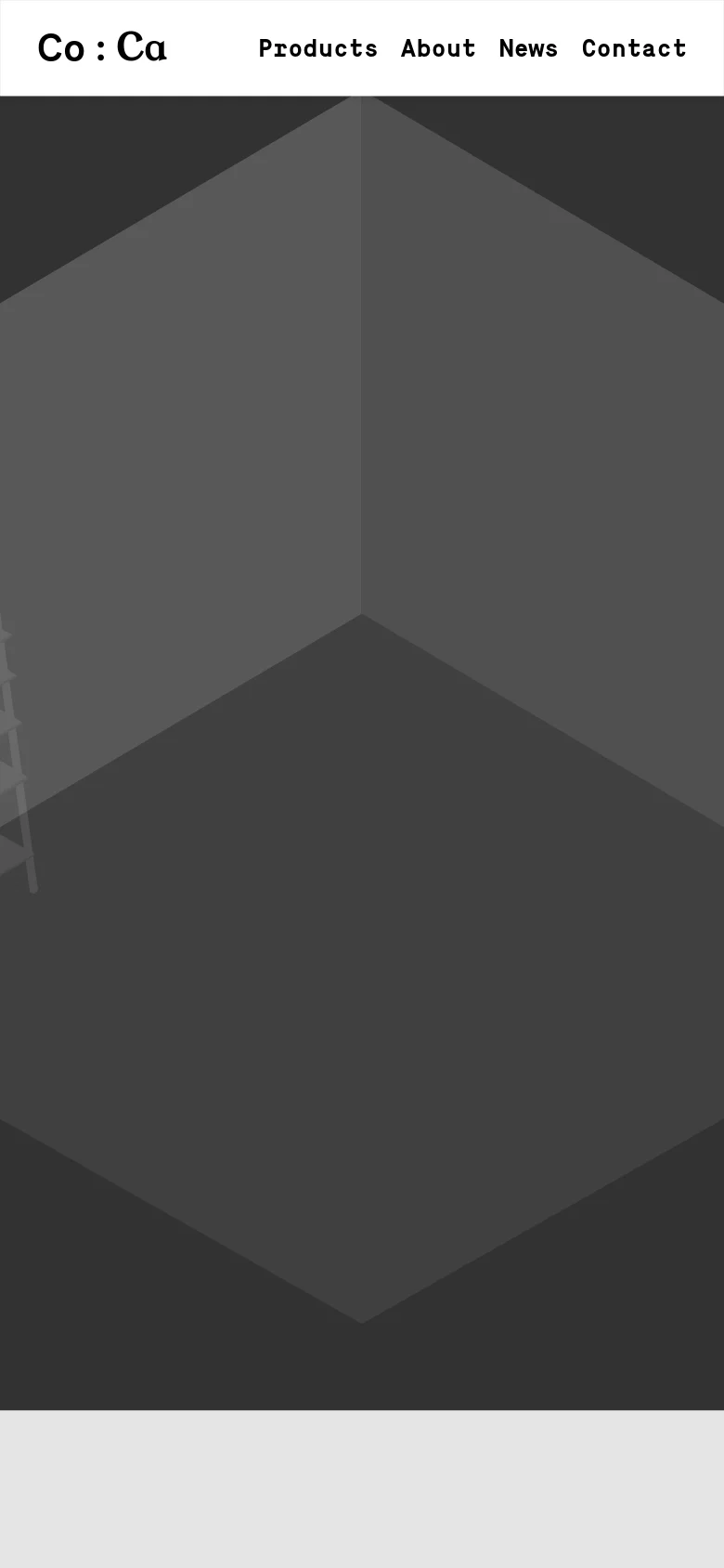 The mobile version presents a simplified view with the Co / Ca logo on the left and a condensed navigation menu on the right. The large 3D isometric graphic is cropped and zoomed in, filling most of the screen area against the dark gray background.