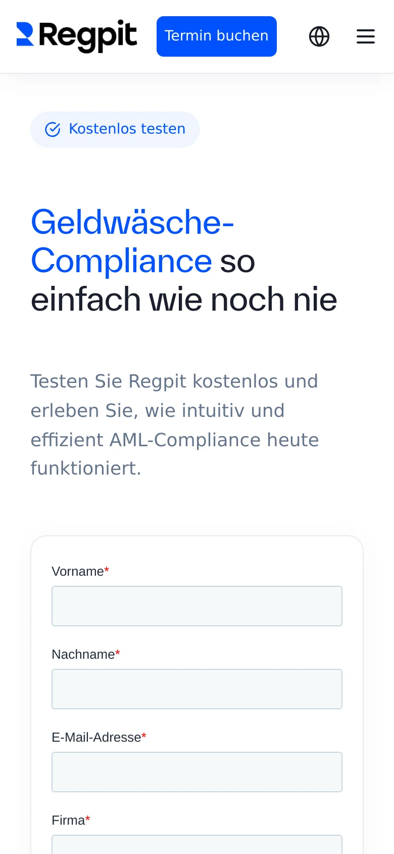 The mobile version uses a single-column vertical layout, stacking the headline and description above the contact form. The navigation menu is condensed into a hamburger icon, and the award badges and client logos are rearranged into a vertical scroll to fit the narrower screen width.