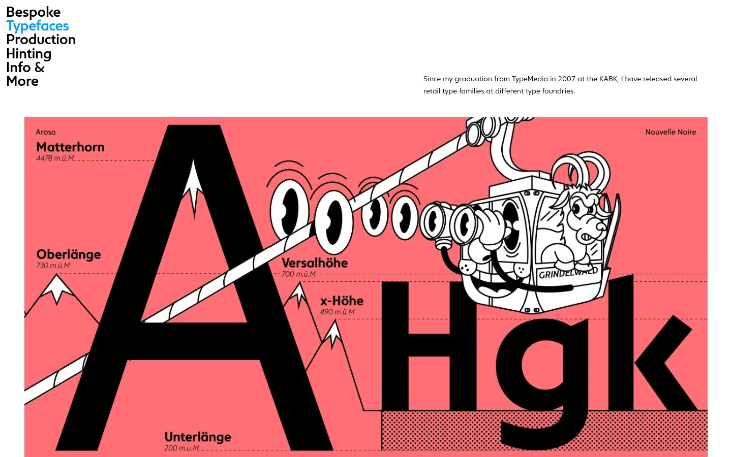 The desktop page features a minimalist layout with a sidebar navigation menu on the left and a main content area on the right. The content showcases various typeface projects including NN Arosa, Logical, Purple Haze, and Agile, using large colorful specimen images and bold headings. The color palette is primarily white, black, and bright accent colors from the typeface specimens.