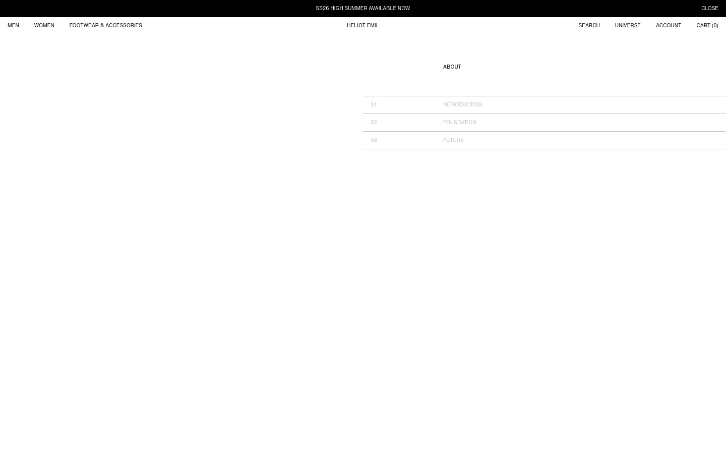 The About page features a minimalist, monochromatic white layout with black text. A top navigation bar includes categories like Men, Women, and Footwear, while the main content displays a centered 'ABOUT' heading followed by a numbered list of sections: 01 Introduction, 02 Foundation, and 03 Future.