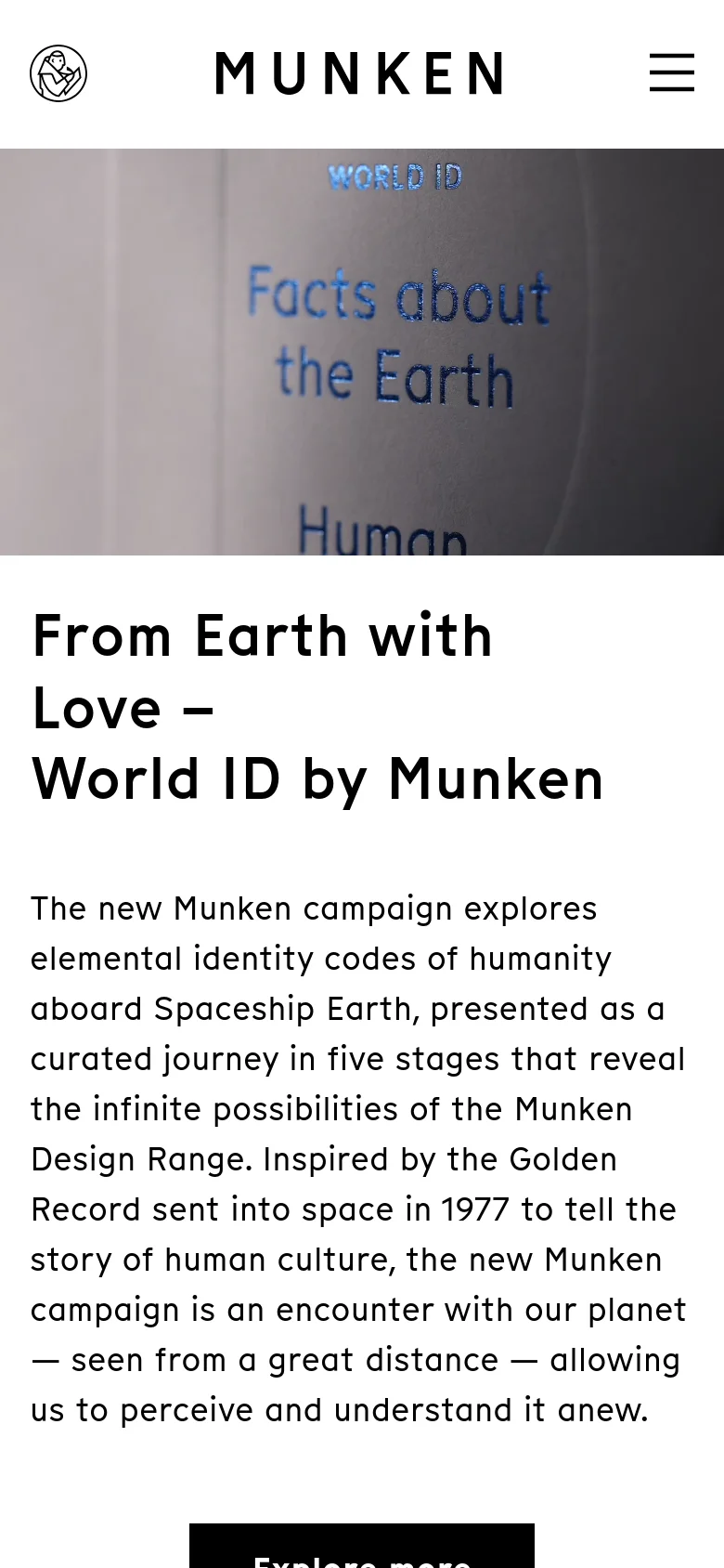 The mobile version maintains the high-contrast black and white hero imagery at the top but scales the text and layout for a narrow viewport. The headline 'From Earth with Love – World ID by Munken' is prominently centered, and the navigation menu is condensed into a hamburger icon. The content follows a single-column vertical scroll, prioritizing readability of the campaign description and call-to-action buttons.