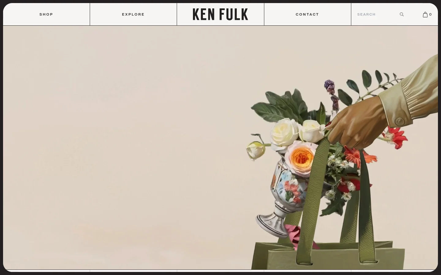 The desktop homepage features a minimalist navigation bar with links for Shop, Explore, and Contact, alongside a search icon and shopping bag. The hero section displays a large, high-quality image of a hand holding a green shopping bag filled with flowers against a neutral, cream-colored background.