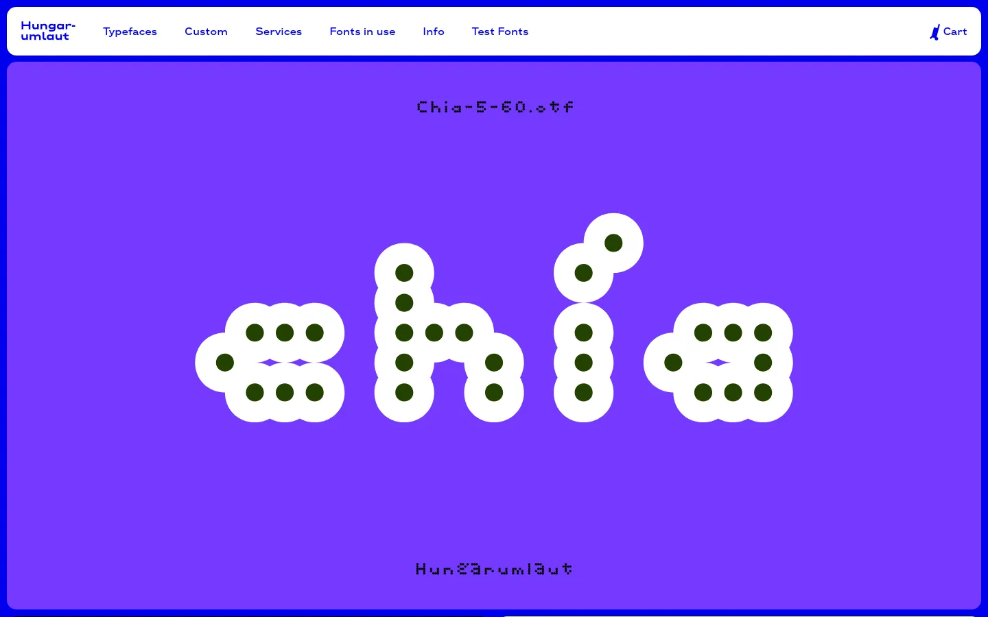 The Hungarumlaut Type Foundry homepage features a minimalist design with a white navigation bar at the top containing links for Typefaces, Custom, Services, Fonts in use, Info, Test Fonts, and a Cart icon. The hero section displays large, stylized white typography of the word 'chia' against a vibrant purple background, accompanied by small black text labels. Below the hero, a grid of various typeface specimens and project images is presented on a white background.
