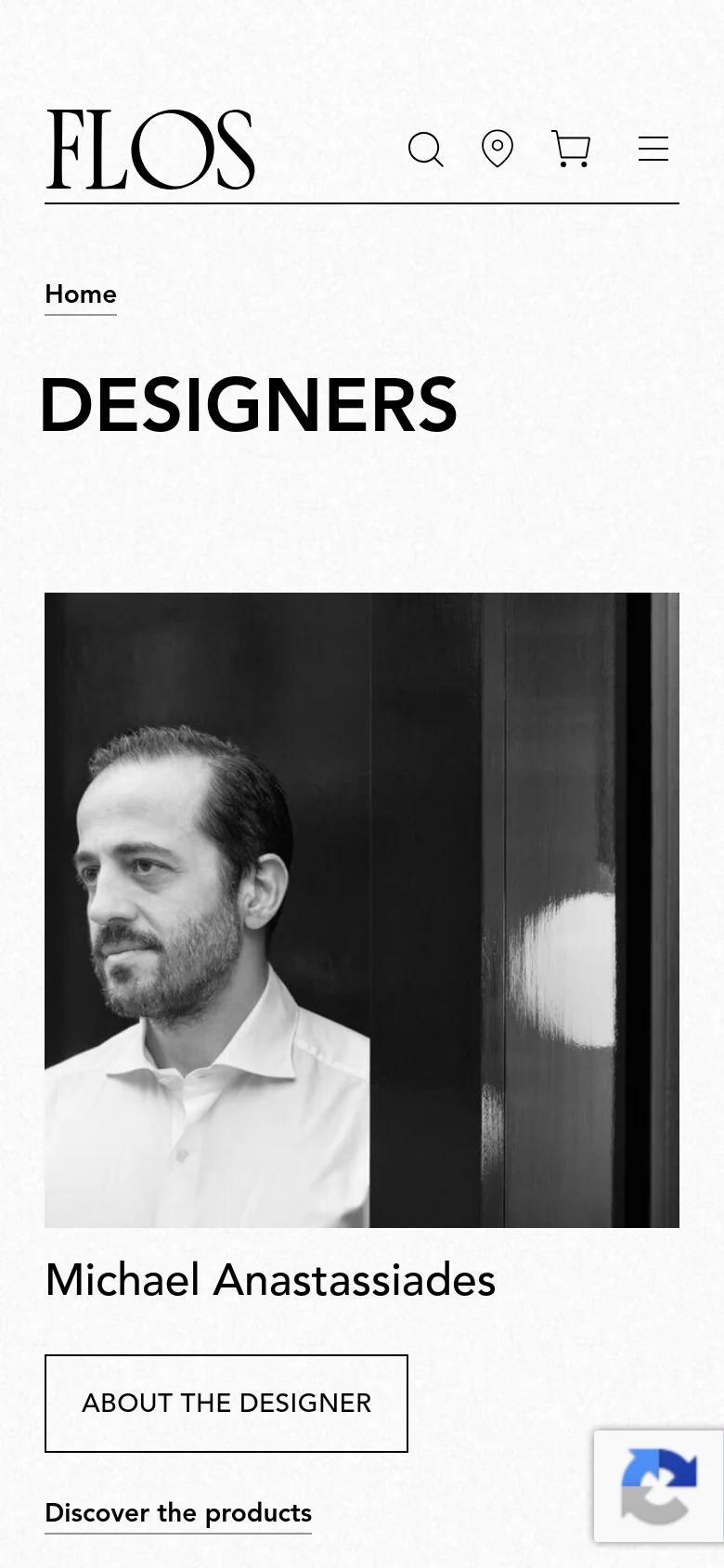 The mobile version displays the 'DESIGNERS' headline followed by a single-column vertical layout of large black and white designer portraits. Each portrait is followed by the designer's name, an 'ABOUT THE DESIGNER' button, and a 'Discover the products' link.
