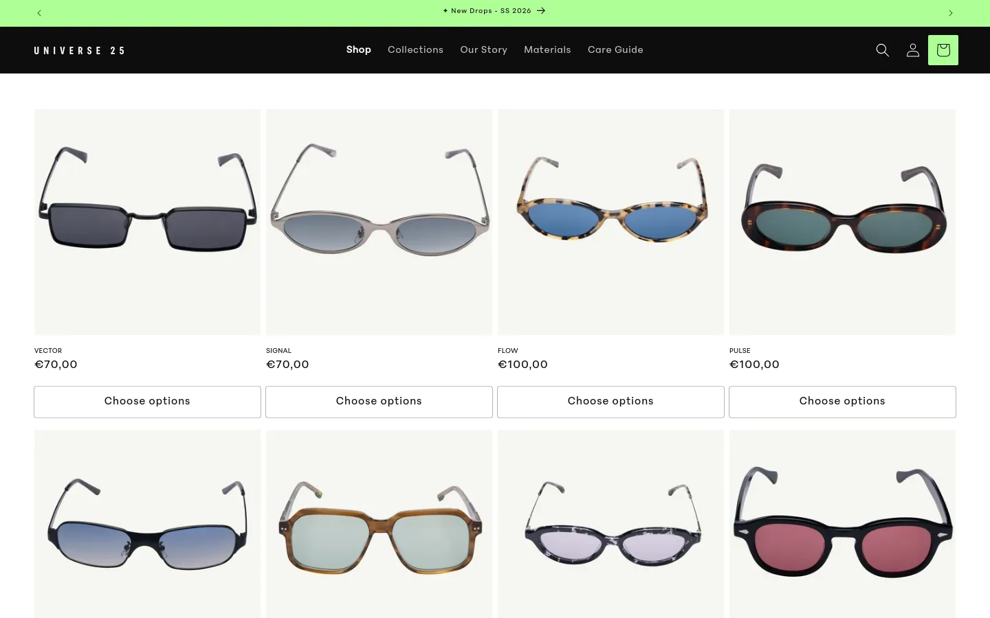 The desktop shop page features a minimalist black header with the Universe 25 logo and navigation links. A grid of sunglasses products is displayed against a light gray background, each showing a product image, name, price, and a 'Choose options' button. A bright green announcement bar at the top and bottom highlights 'New Drops - SS 2026'.