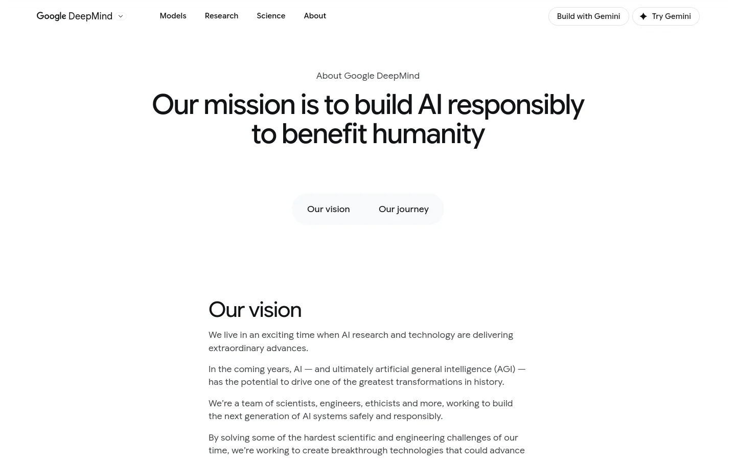 The desktop About page features a clean, minimalist white layout with a top navigation bar containing links for Models, Research, and About. A large, bold headline reads, 'Our mission is to build AI responsibly to benefit humanity,' positioned above two pill-shaped buttons for 'Our vision' and 'Our journey.' Below, the 'Our vision' section introduces the company's goals with black text on a white background.