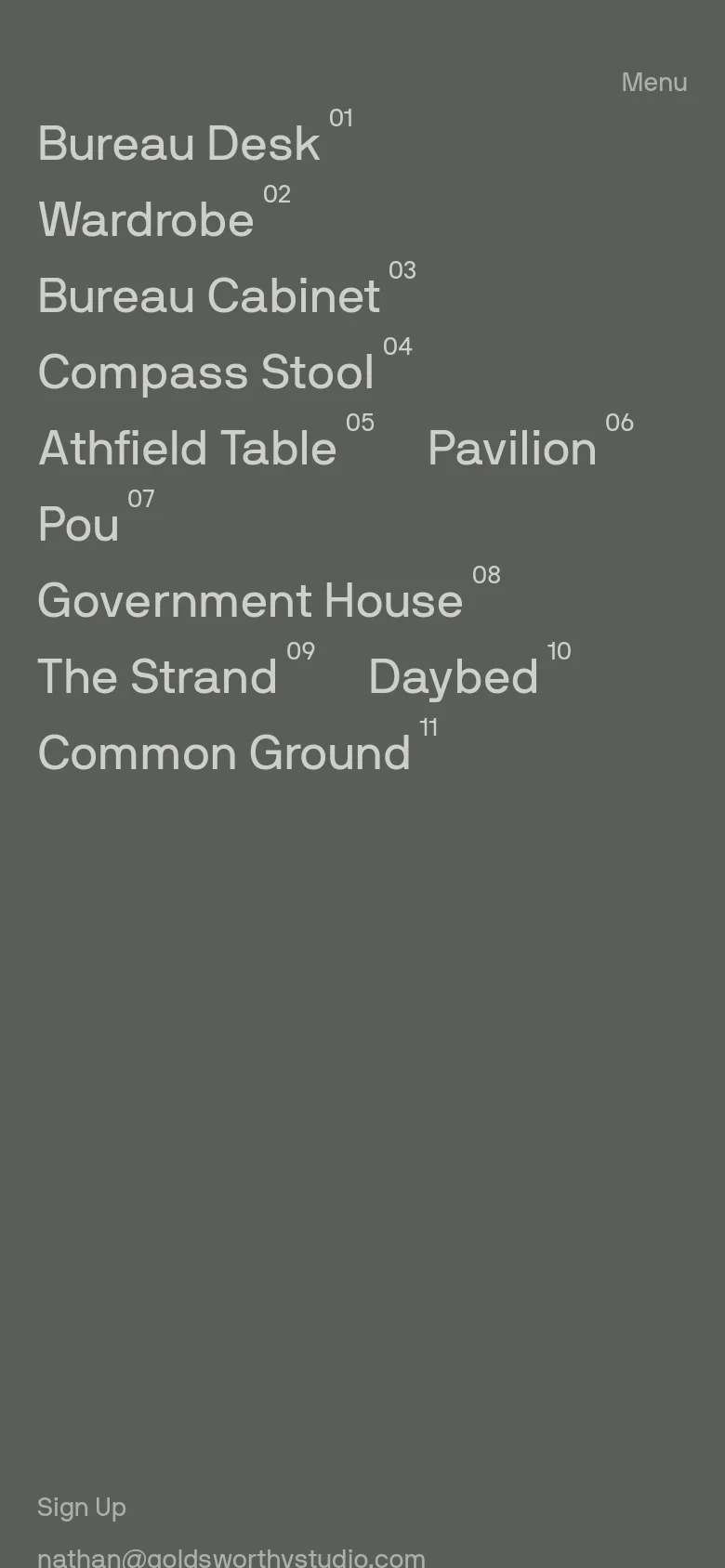 The mobile version maintains the dark gray aesthetic and white typography but rearranges the text into a vertical list format to fit the narrow screen. The large text items and sequential numbering remain, with the menu and contact details adjusted for a vertical layout.