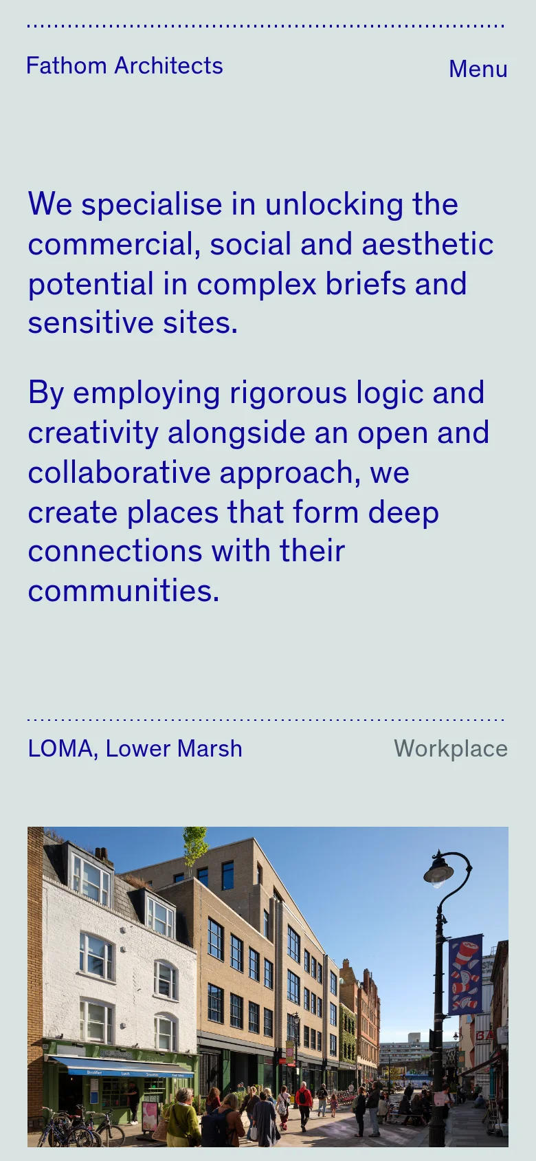 The mobile version maintains the light blue background and dark blue text but transitions to a single-column vertical layout. The text blocks and project images are stacked vertically to ensure readability on narrow screens, removing the side-by-side desktop arrangement.