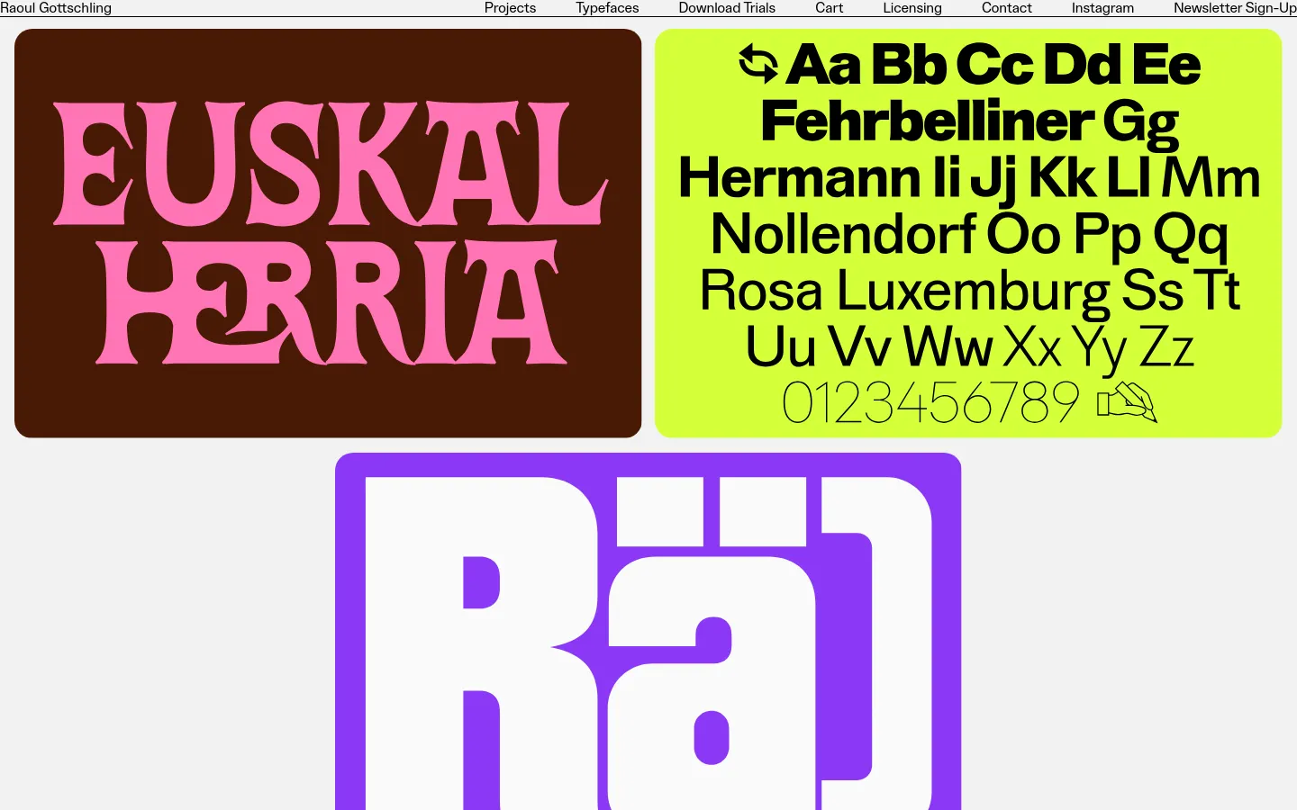 The desktop website features a minimalist white header with navigation links and a grid of large, colorful rectangular tiles showcasing different typefaces. Each tile uses high-contrast colors like pink on brown or black on lime green to display typeface specimens and sample text.