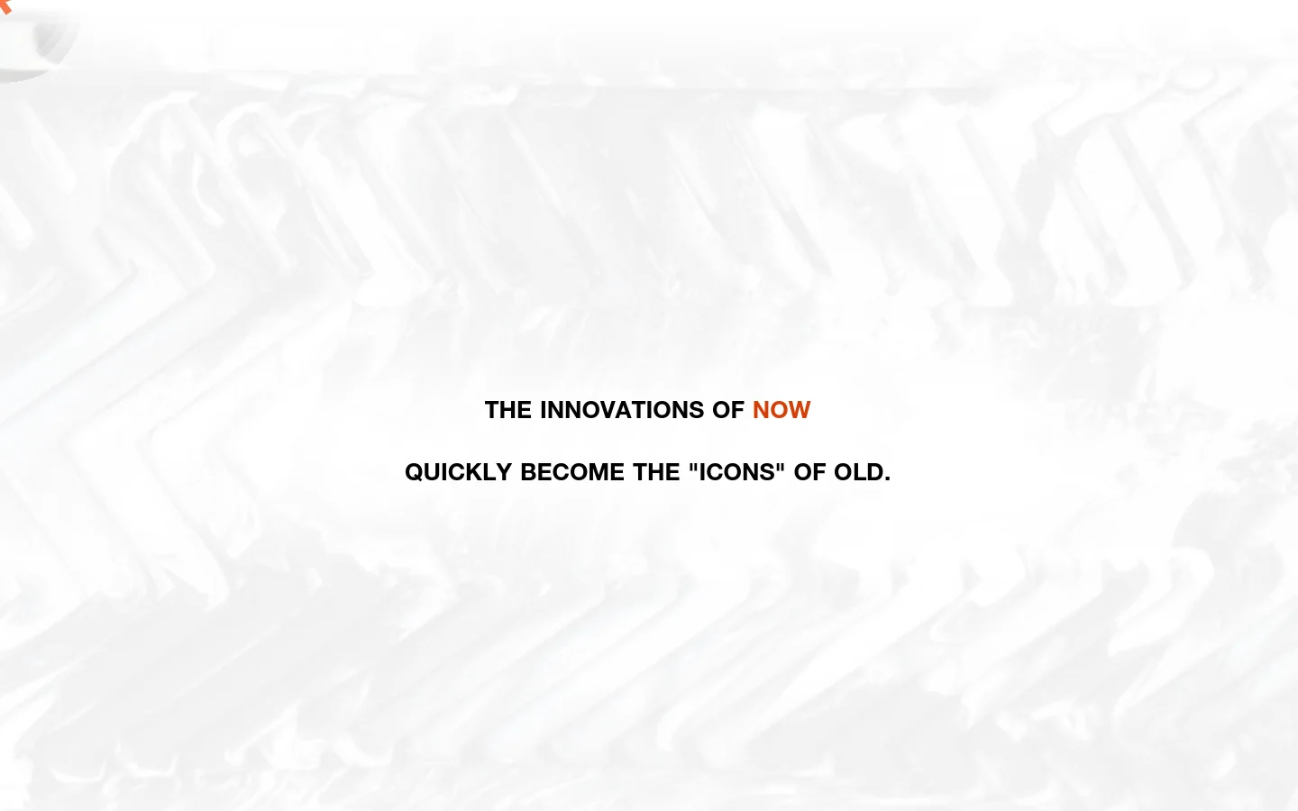 A minimalist desktop landing page with a white background and a faint, abstract grey textured pattern. Large, bold black typography displays philosophical quotes, with the words 'NOW' and 'GREATEST' highlighted in orange. Navigation links for 'CRASH COURSE', 'PROCESS', 'SNEAKERS', and 'OFF CAMPUS' are listed vertically on the left.