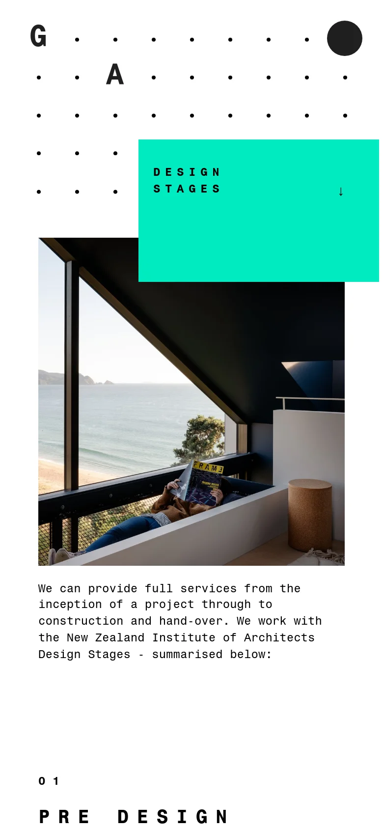 The mobile version simplifies the layout, stacking the elements vertically. The teal 'Design Stages' box appears above the large architectural photograph, and the grid of dots is condensed to fit the narrower screen width. Text and headings are centered or left-aligned to maintain readability on a small device.