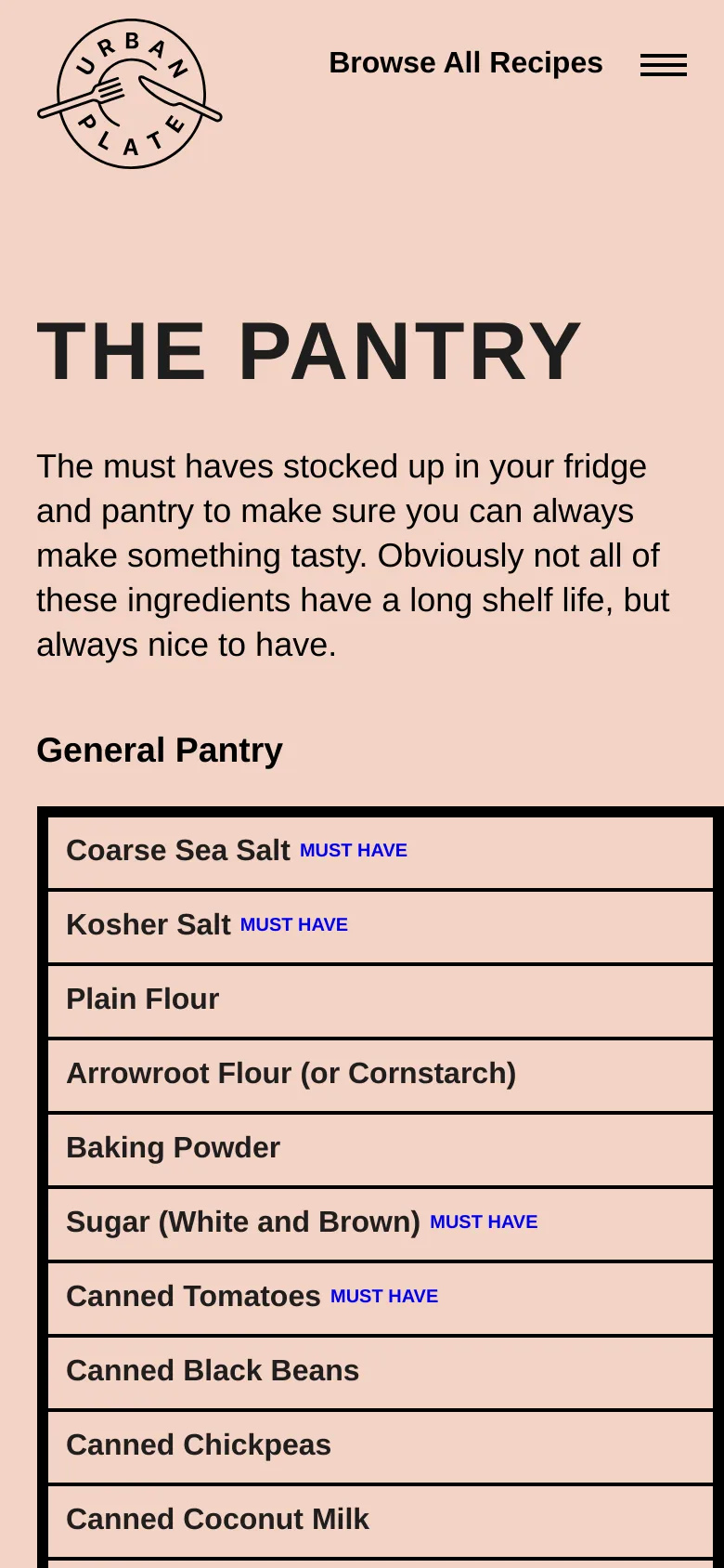 The mobile version shows a simplified layout with the Urban Plate logo centered at the top and a hamburger menu icon on the right. The 'THE PANTRY' headline and introductory text are centered, followed by a single-column vertical list of pantry items under the 'General Pantry' heading, which replaces the multi-column desktop layout.