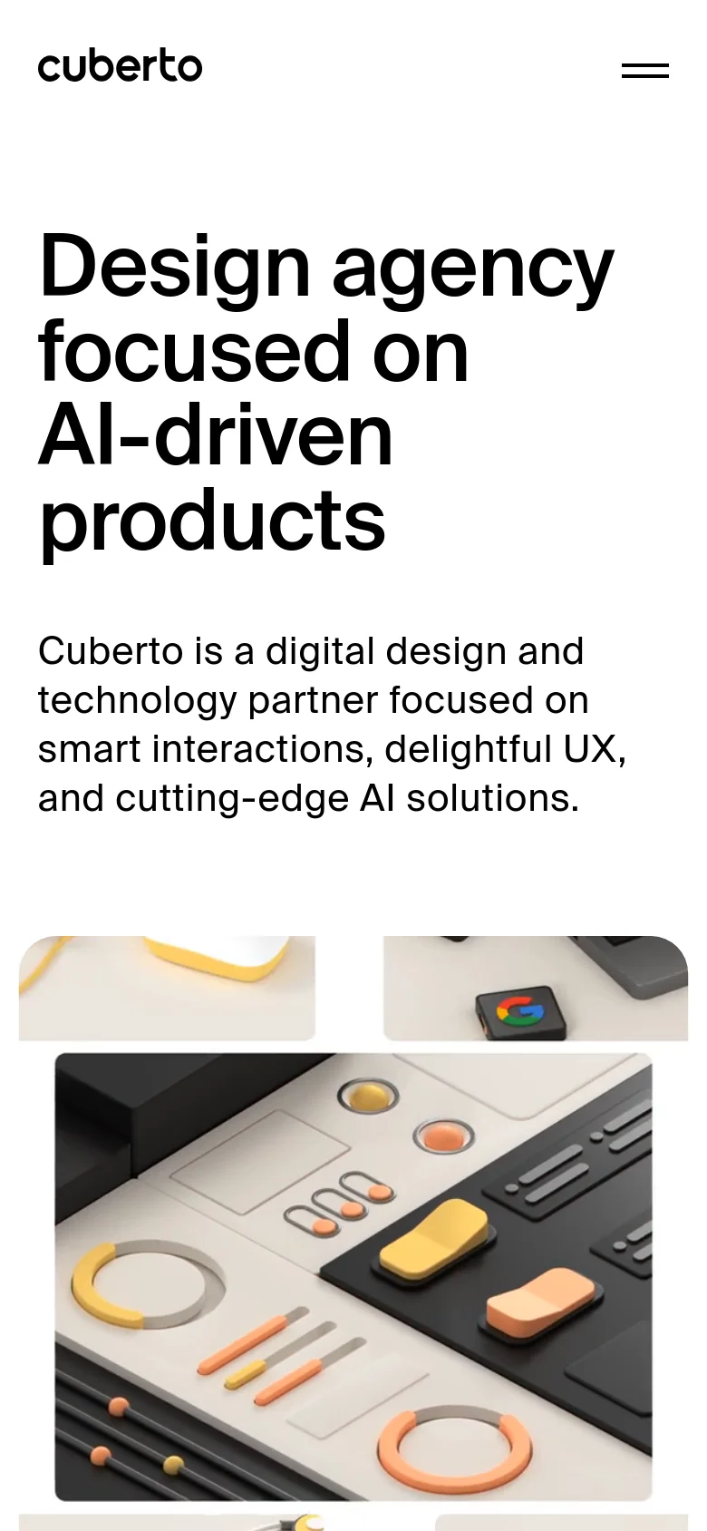 Mobile version of the Cuberto homepage with a simplified layout. The large headline and description are stacked vertically, and the top navigation is replaced by a hamburger menu icon next to the logo. The 3D abstract imagery is scaled to fit the narrow screen width.