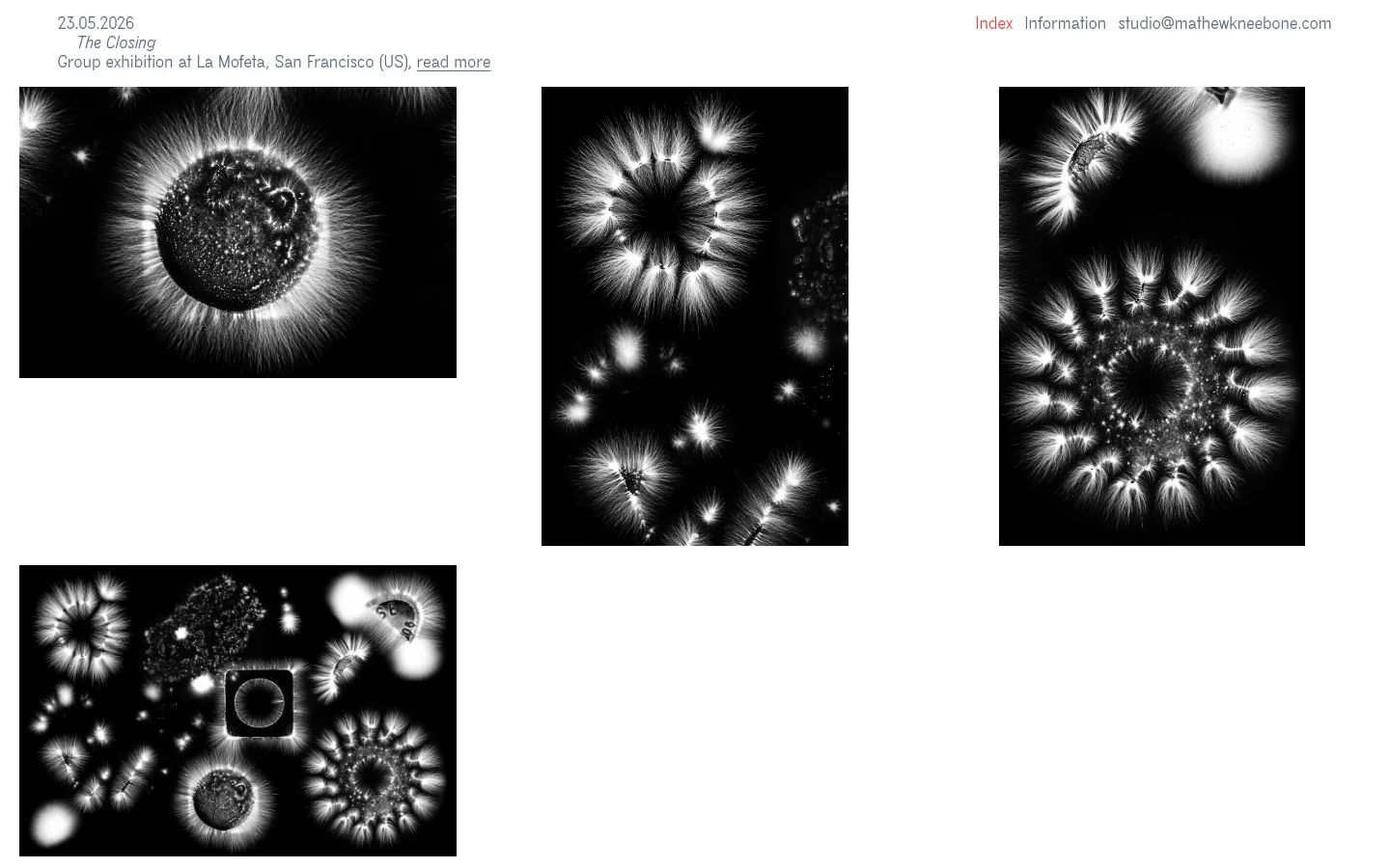 Desktop view of Mathew Kneebone's portfolio homepage featuring a minimalist white background with black text. The layout includes a header with navigation links, a chronological list of exhibition dates and descriptions, and a grid of large, high-contrast black and white abstract cosmic imagery.