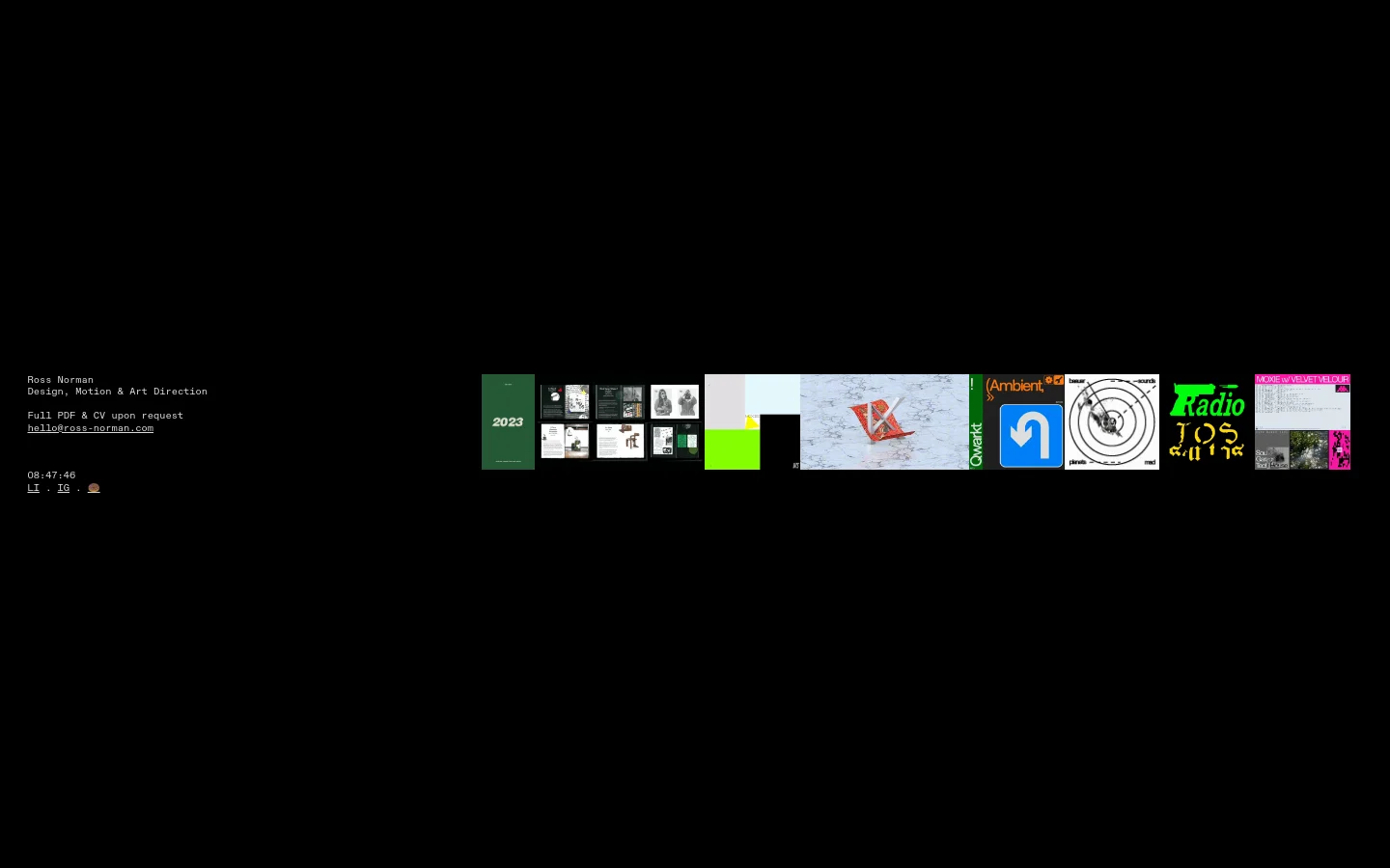 A minimalist portfolio homepage with a black background and white sans-serif text. The top left features the name Ross Norman, professional titles, and contact information, while a horizontal strip of colorful, abstract rectangular tiles showcasing various design works spans the bottom of the screen. The desktop layout uses a wide aspect ratio to separate the text content from the graphic strip.