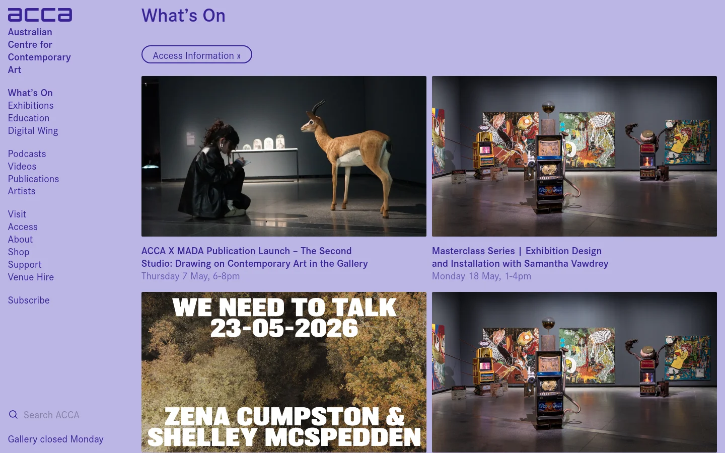 The desktop page features a light purple background with a sidebar navigation menu on the left. The main content area displays a grid of upcoming events, each consisting of a large rectangular image, a bold purple headline, and event details. A prominent 'Access Information' button is located at the top.